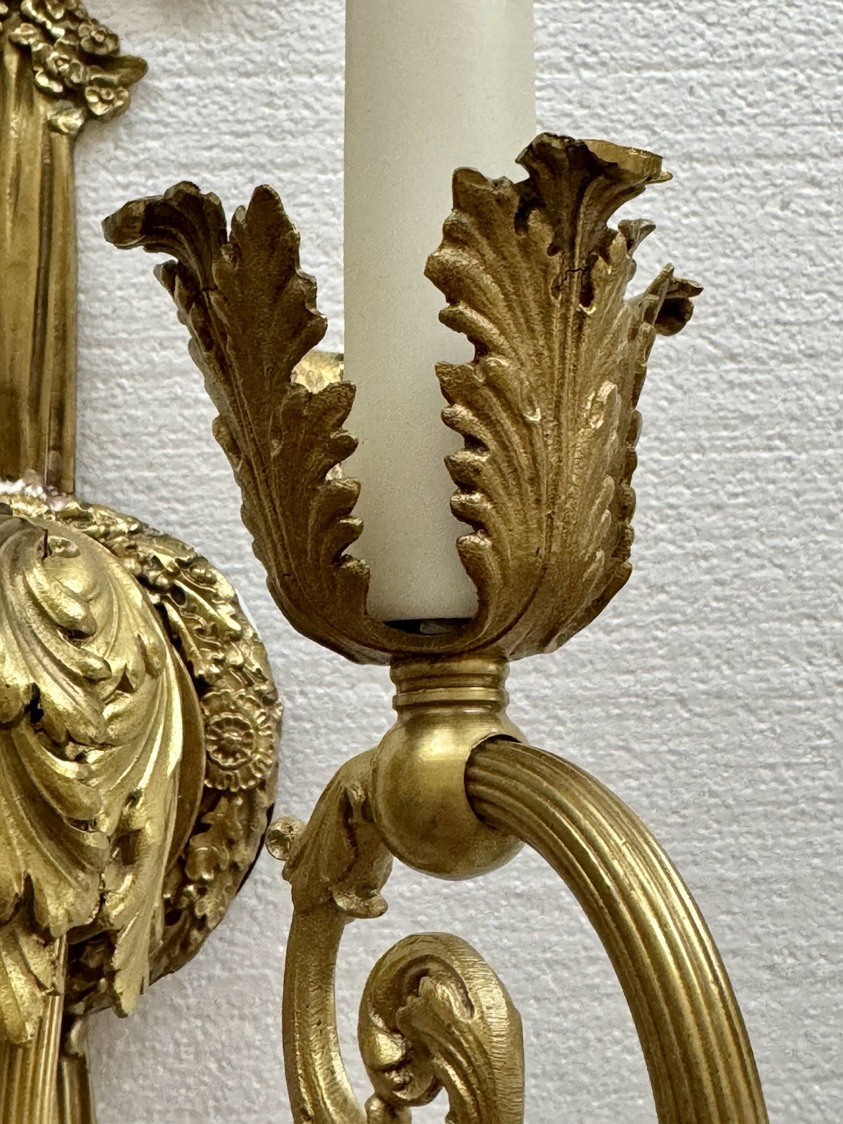 PAIR Antique French Gilt Brass Rope Bow Tassels Wall Sconce 2 Light Candelabras