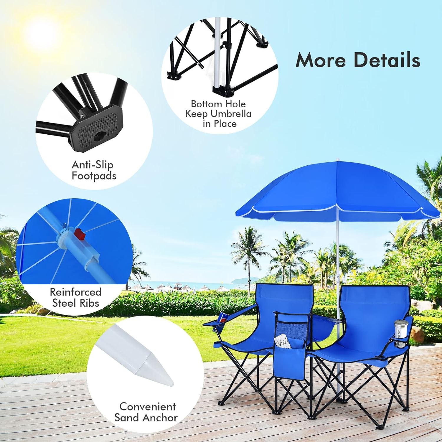 Folding Camping Outdoor Picnic Double Chair with Umbrella Table Cooler Beach New