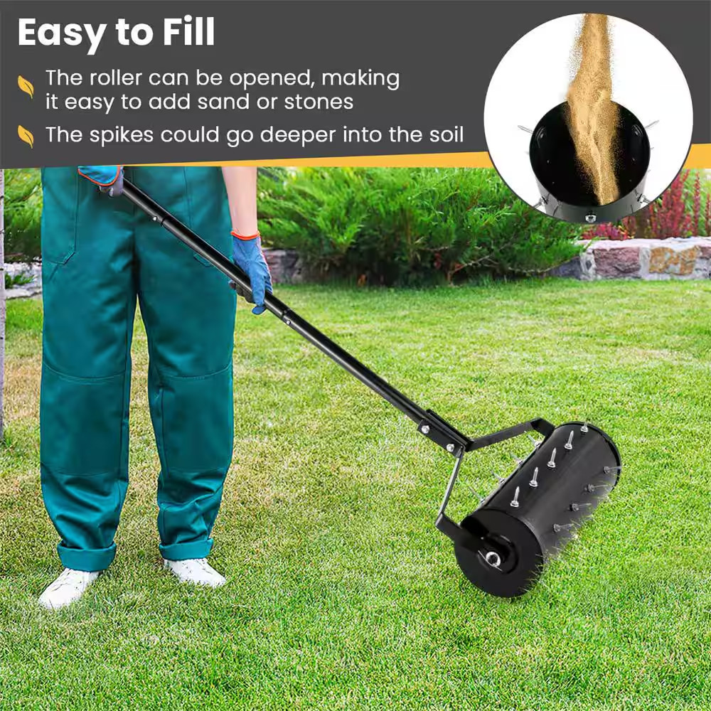 18 In. Manual Lawn 30-Tine Spike Aerator Rolling Push Grass Filled with Sand or