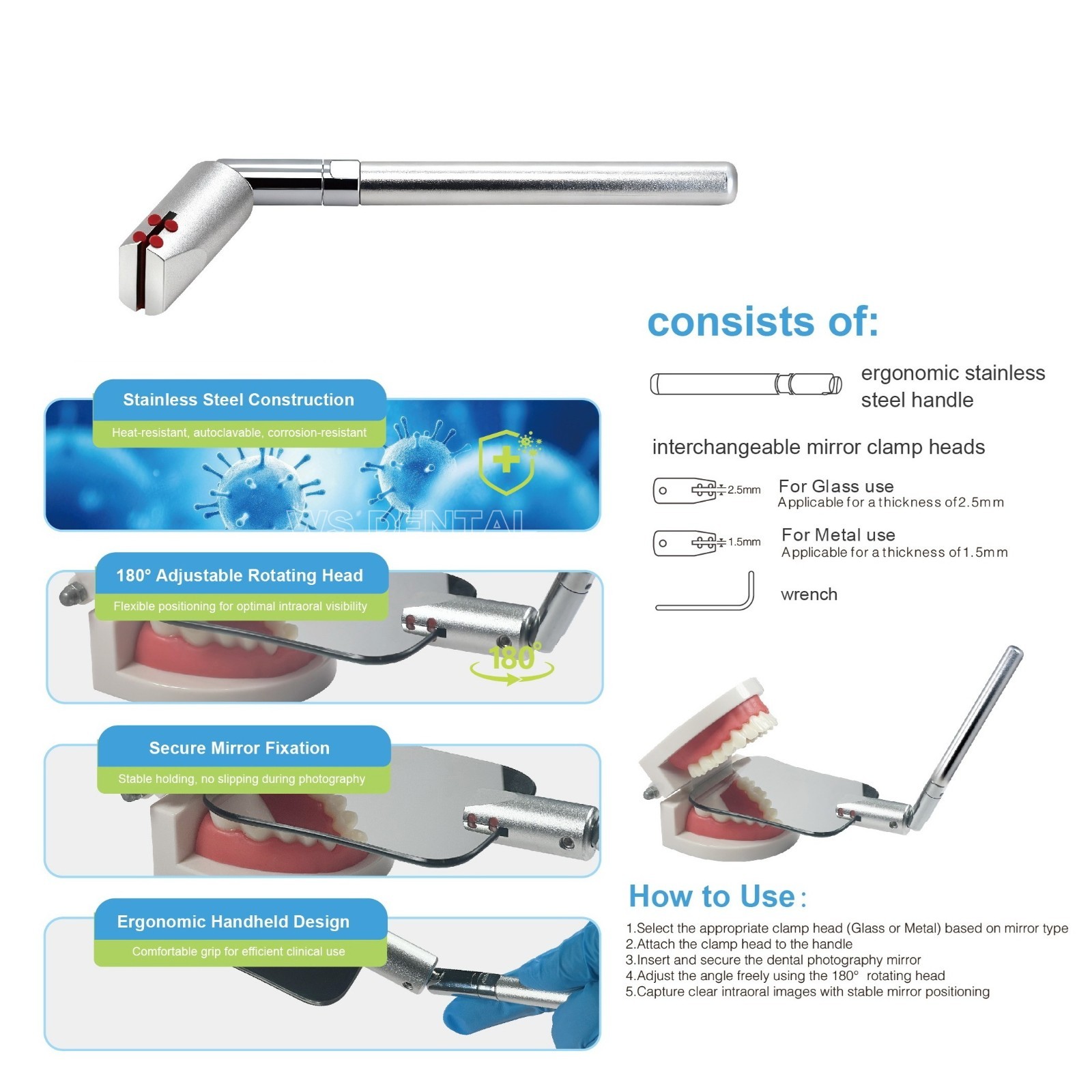 Dental Photography Mirror Holder 180° Adjustable Autoclavable Stainless Handle