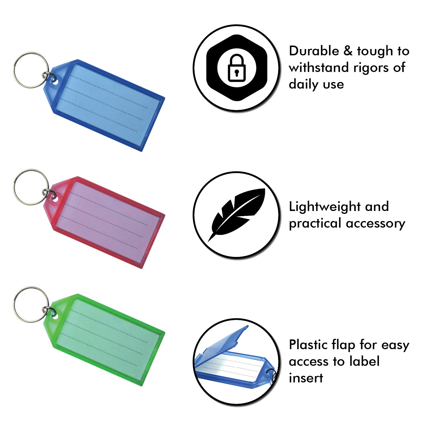 50pack Tough Plastic Key Tags w/ Split Ring Label Window Coded ID Luggage Tags