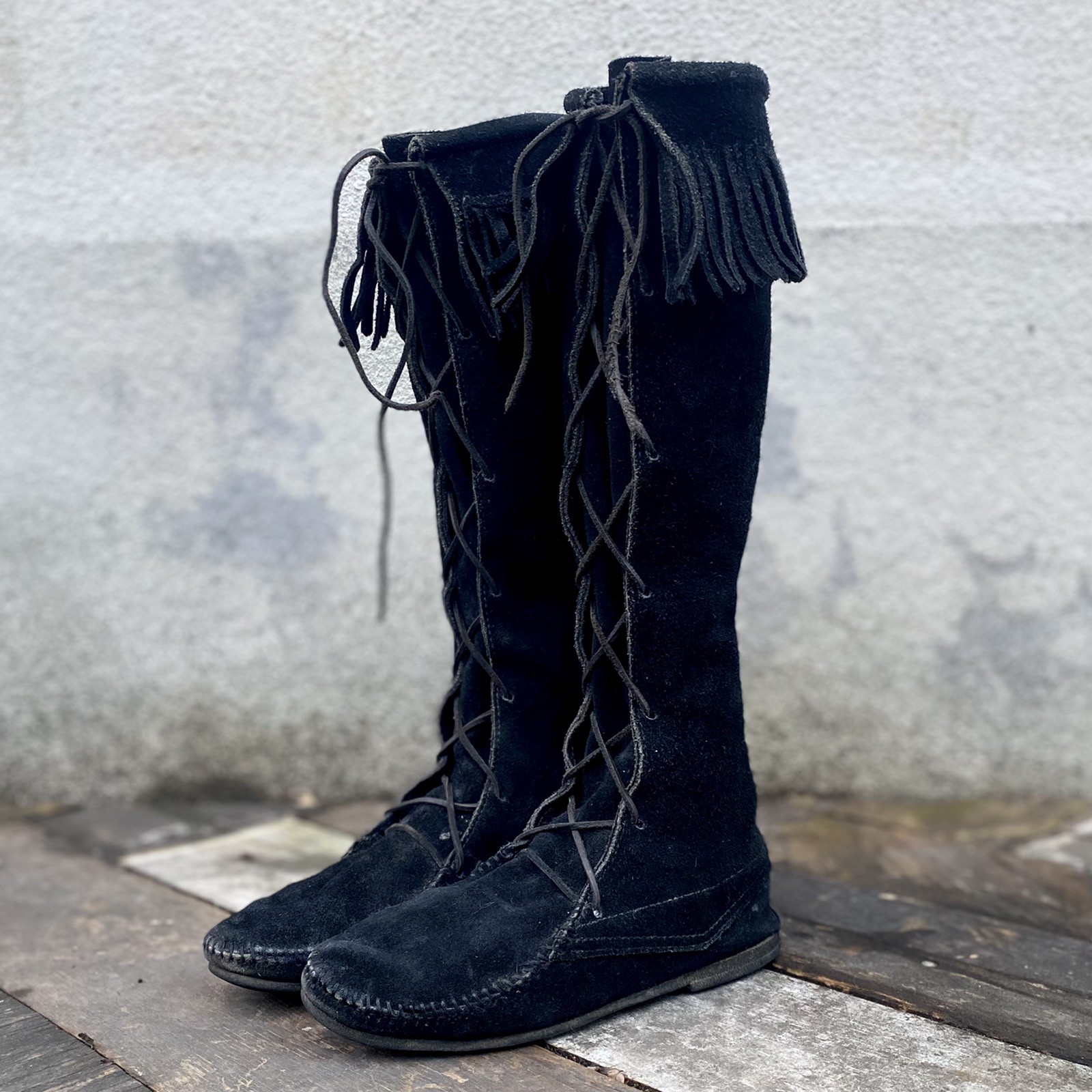 Vintage 1950s Native American Sioux Black Suede Knee High Fringe Boots Moccasins