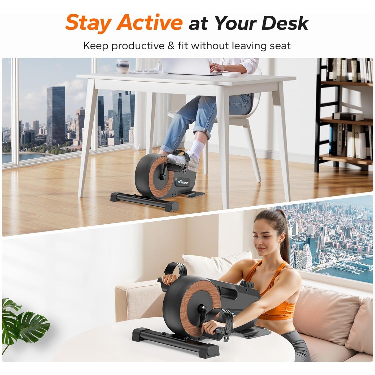 Under Desk Magnetic Bike Pedal Exerciser with 2 Resistance Bands & Non-Slip Mat