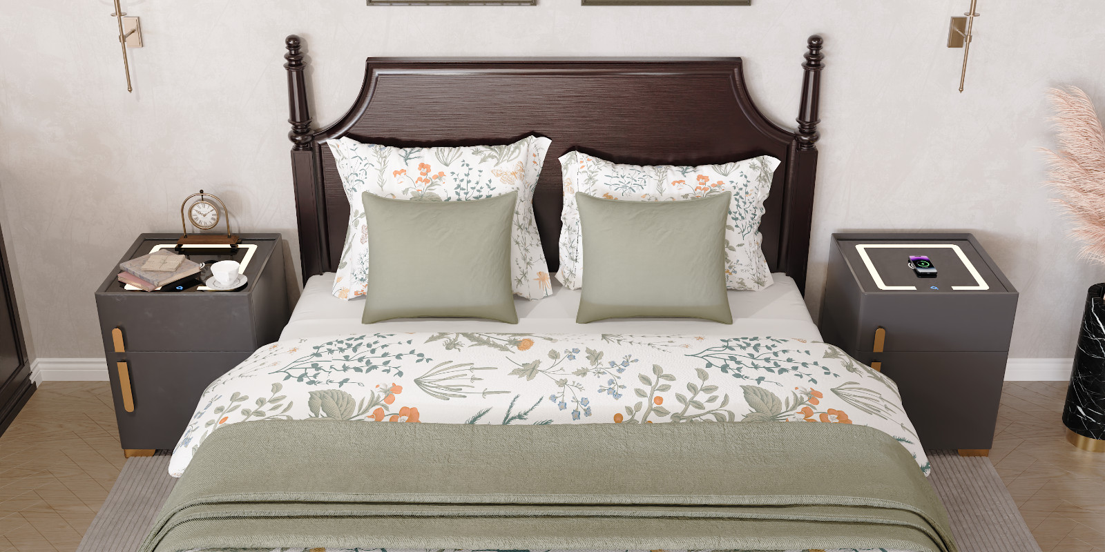 Deep Grey Smart Nightstand w/Security Safe Lock Box, 3-Color,Wireless Charging