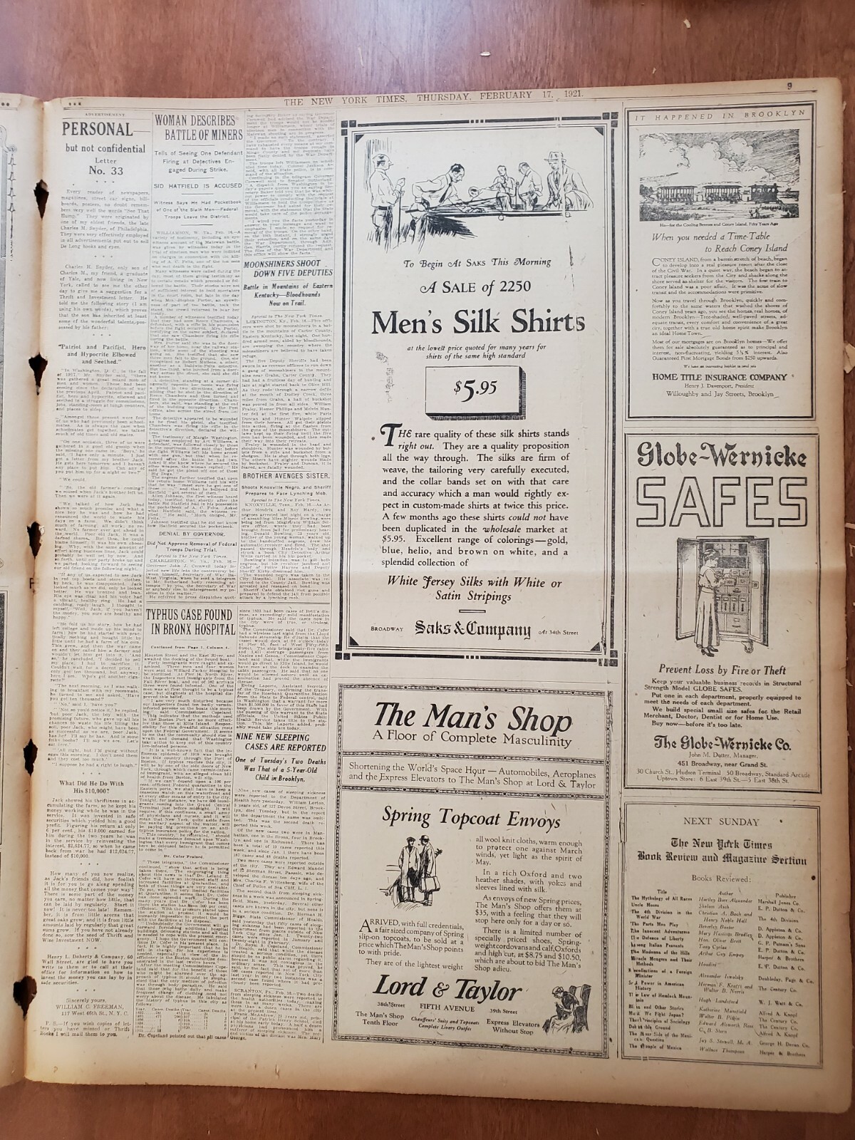 1921 FEBRUARY 17 NEW YORK TIMES - CARUSO IMPROVED; RELAPSE SEEMS REMOTE- NT 8126