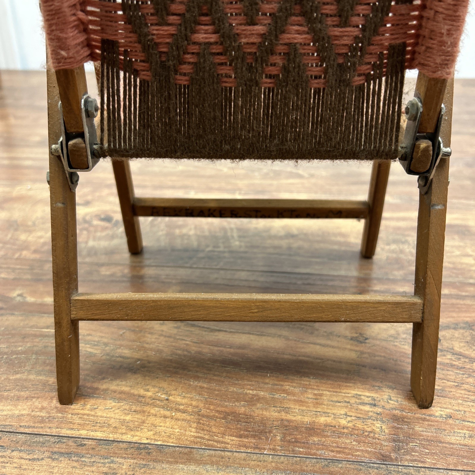Macrame Wooden Folding Baby Doll Chair Vintage Handwoven Brown Pink ** DOLL SIZE