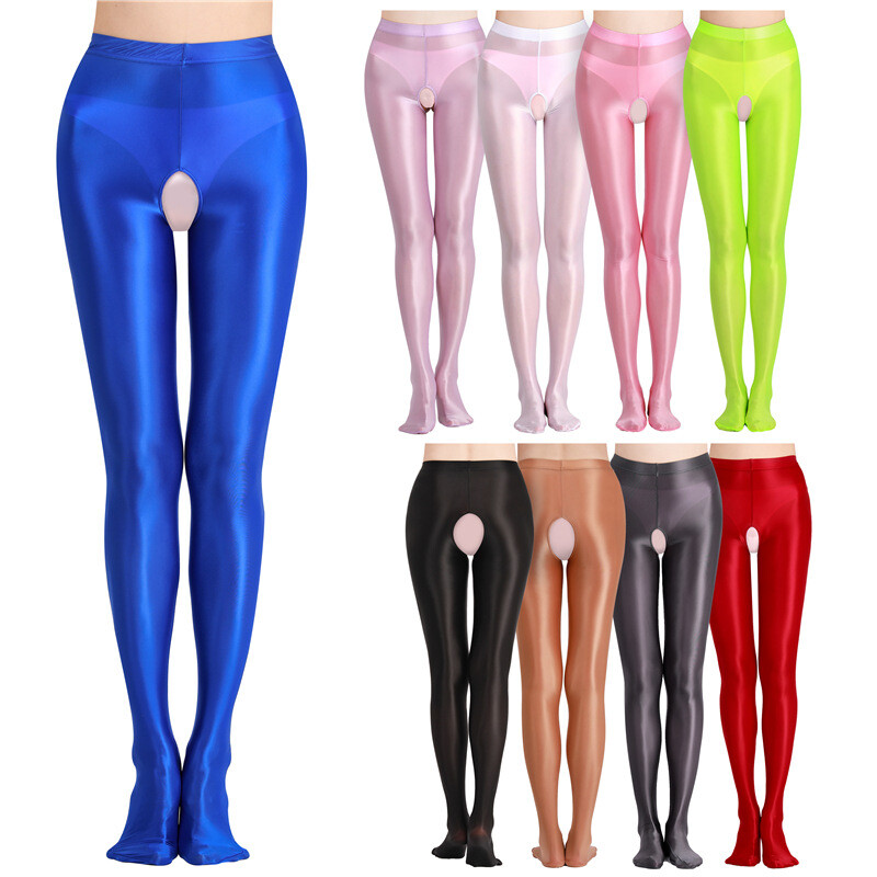 Oily Glossy Crotchless Pantyhose Stockings Stain Stretchy Tights Dance Lingerie