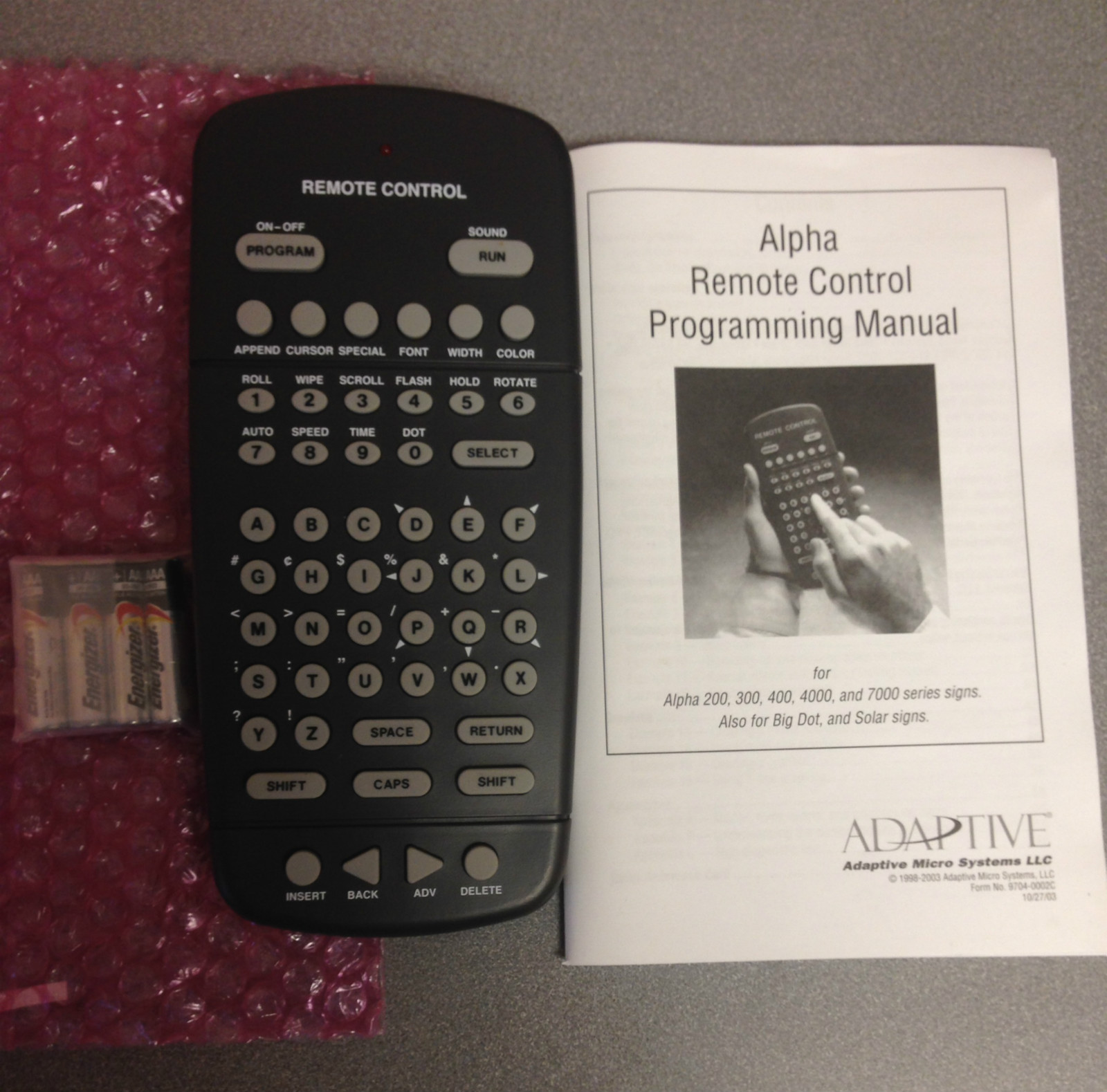 BRAND NEW 63407203 Adaptive Micro Systems Alpha Remote  for Sign&Manual&Battery