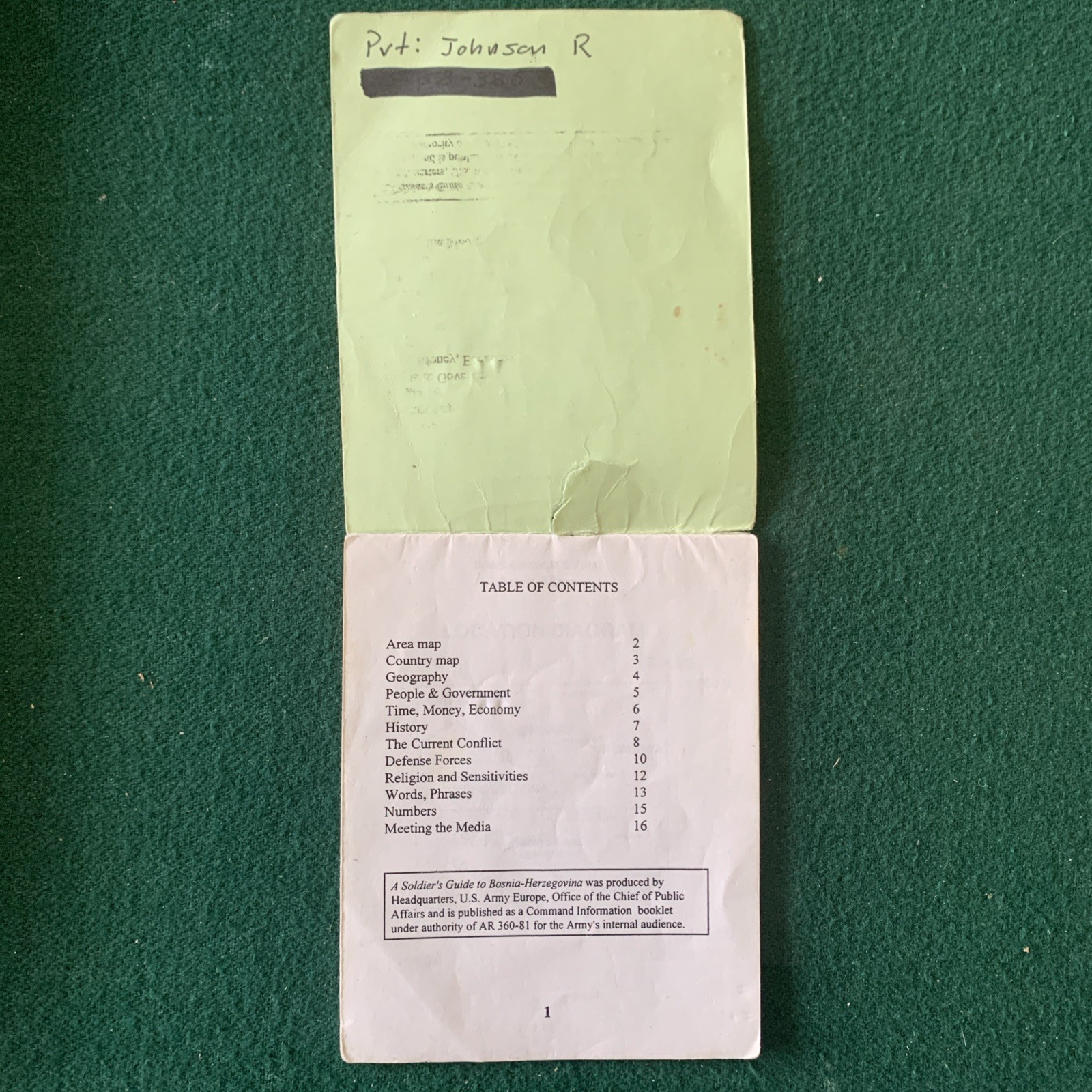 BOSNIA-HERZEGOVINA Soldier's Guide Booklet, 16 Pages, Vintage US Military