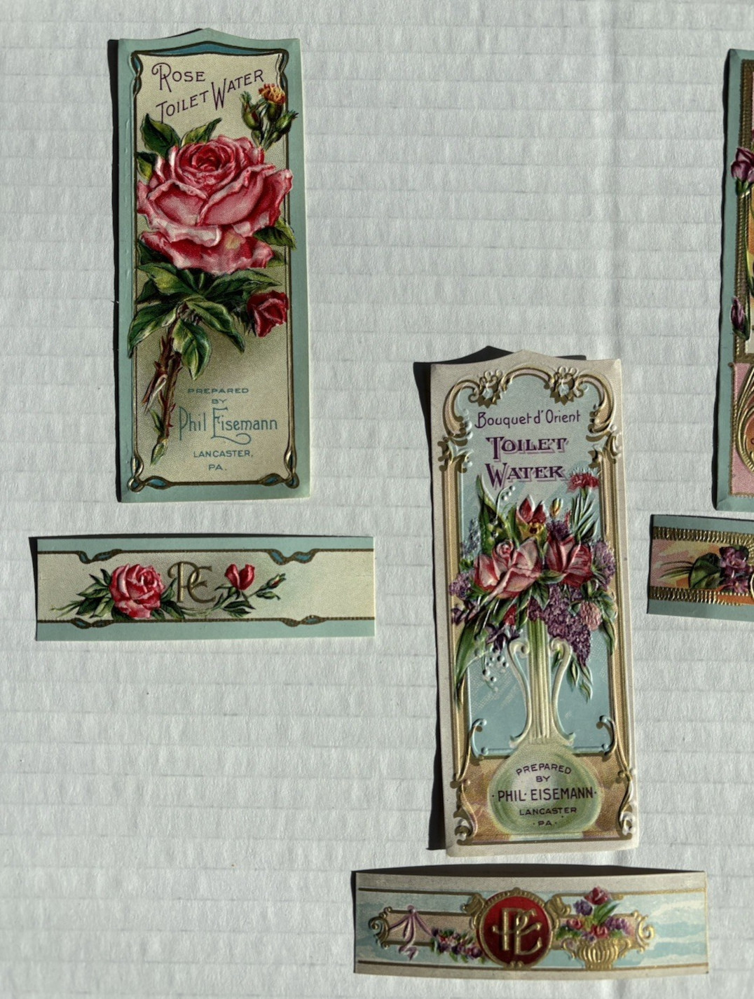 LOT of 8 Antique Perfume Beauty Labels Phil Eisemann Rose Toilet Water Violet