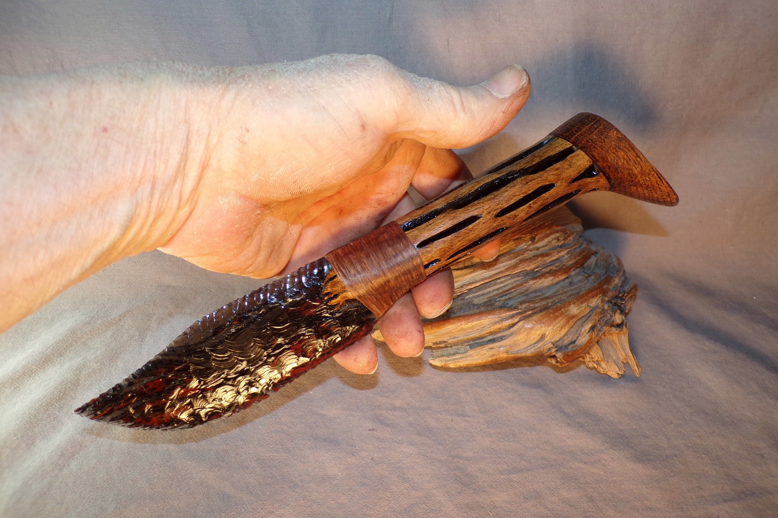 Triple Flow Obsidian Bowie Knife w Cholla Cactus Wood Handle Flint Knapping COA