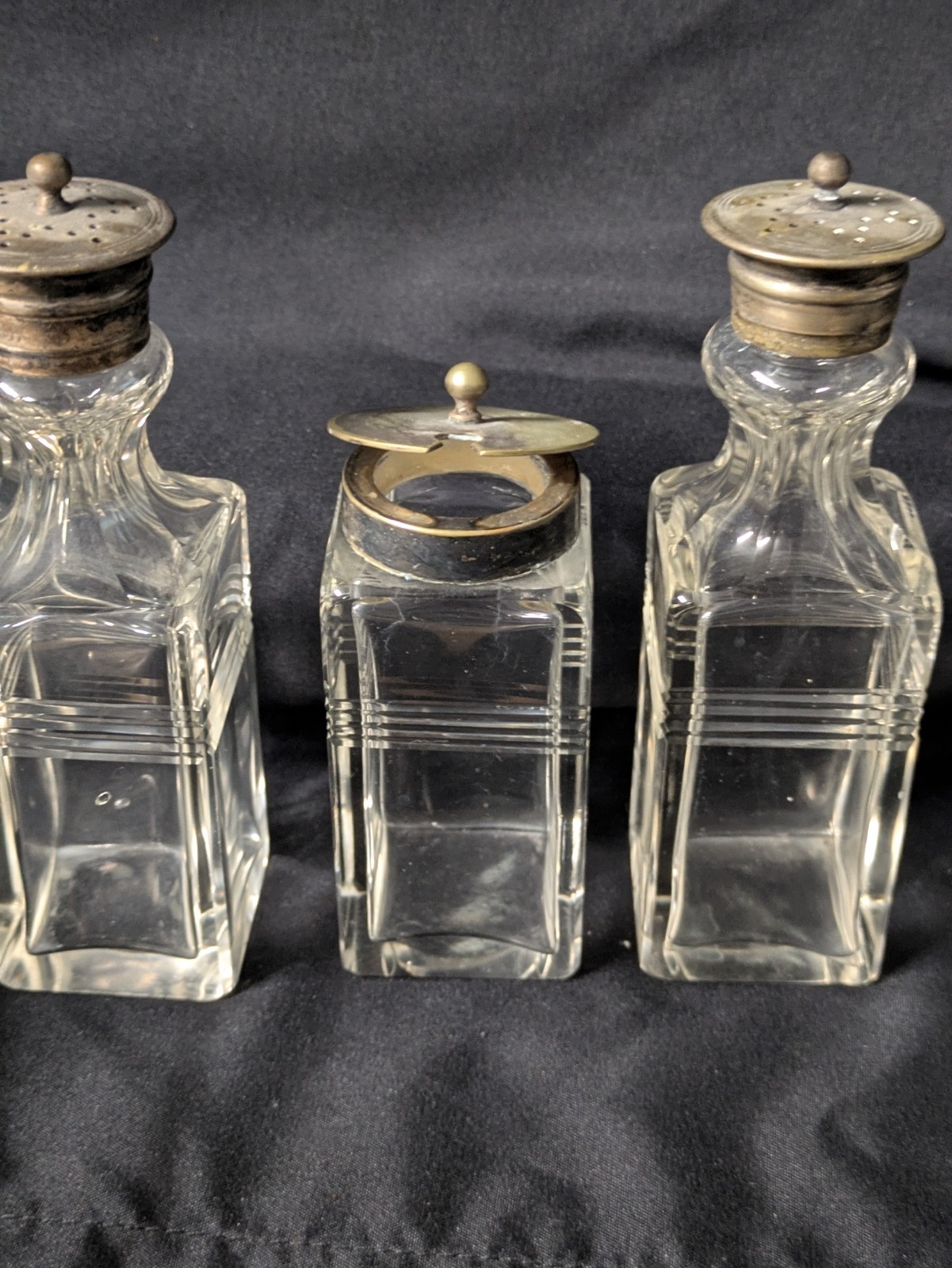 Vintage 6 Bottle Cruet Set with Handles Holder Silver plate Art Deco Condiments