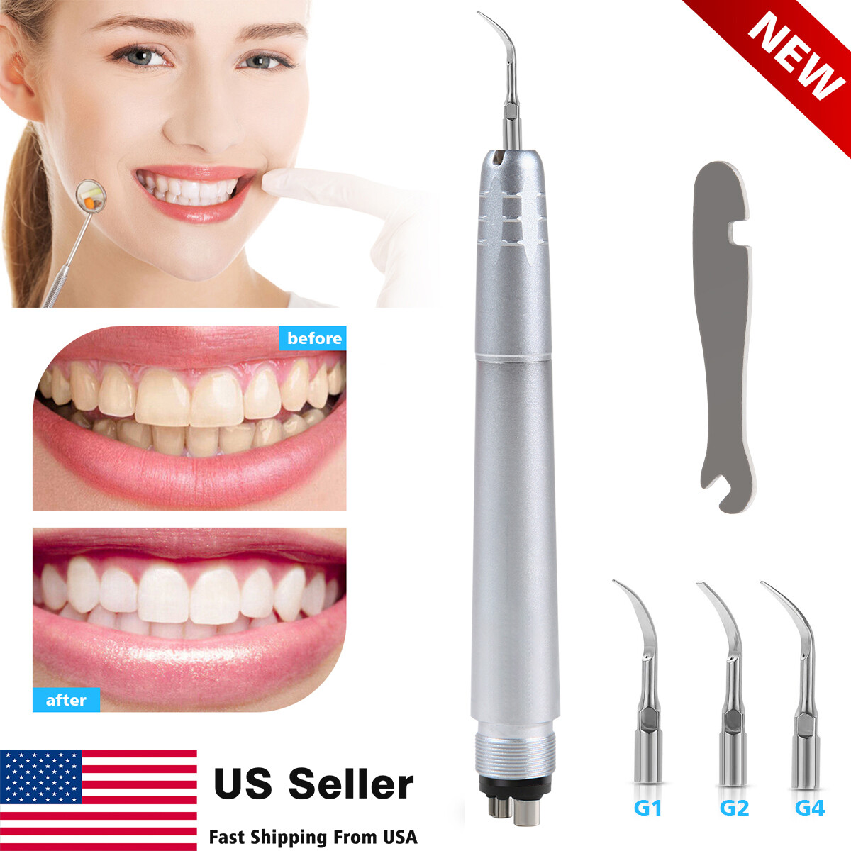 Dental Piezo Ultrasonic Air Scaler Handpiece Hygienist 4Holes With 3 Tips/ 10 G3