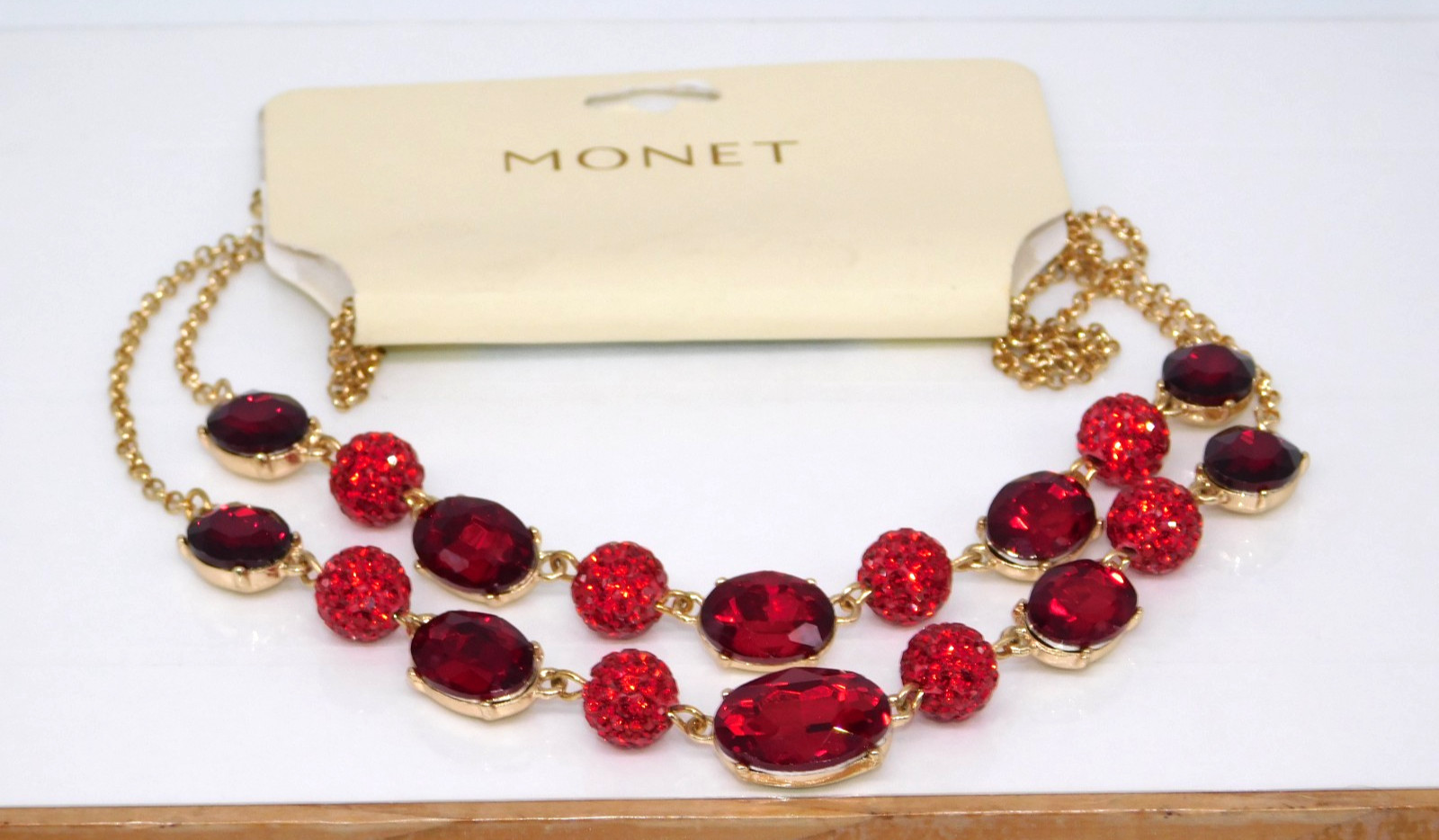 MONET Red Faceted Glass Rhinestone Ball Strand Statement Necklace New with Tag