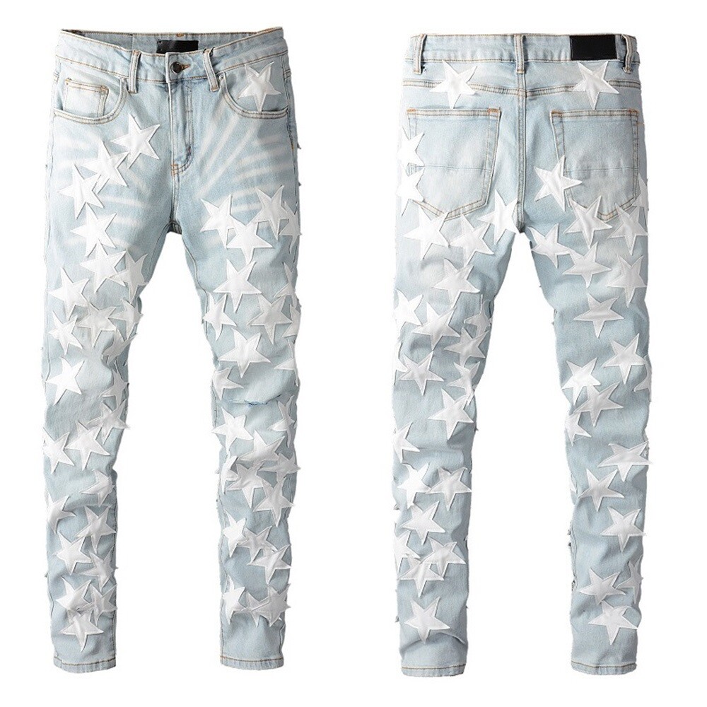STAR PU Patchwork Men's Ripped Skinny Stretch Denim Jeans