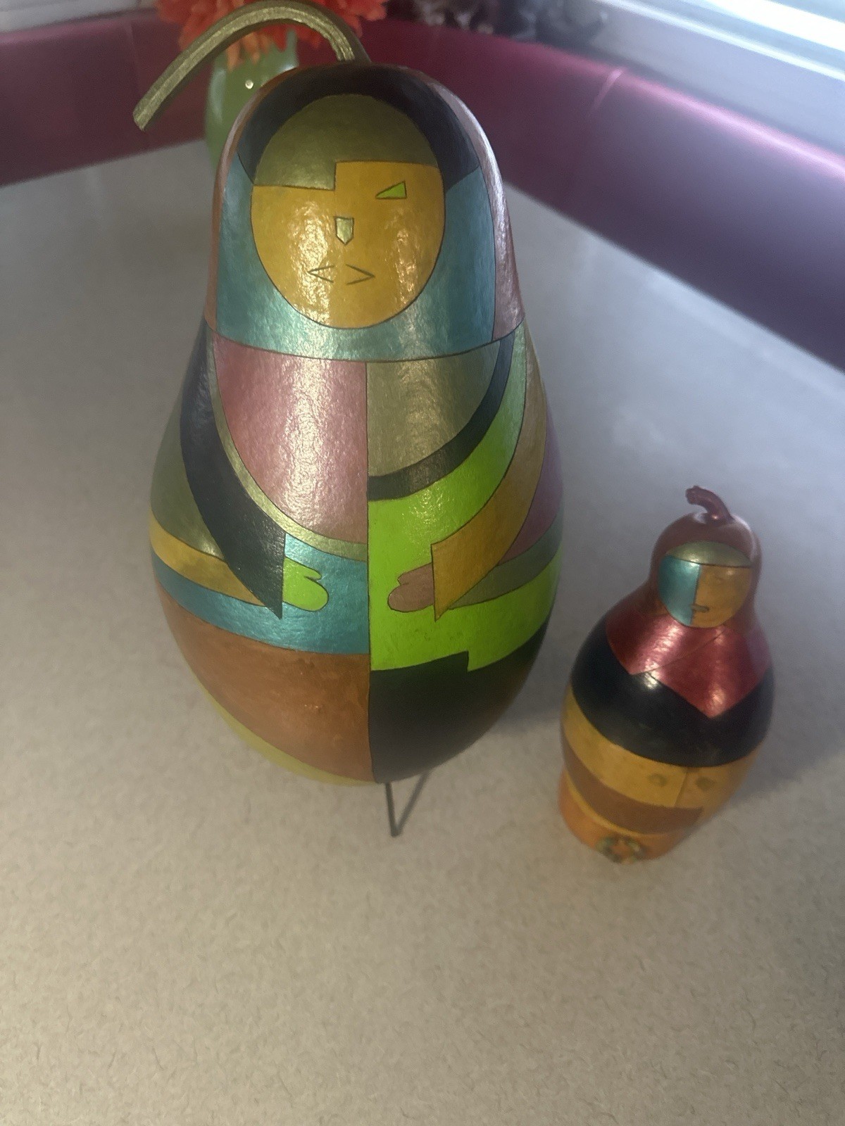 Modernist Painted Gourd Art Pair – Abstract Faces – Signed Folk Sculpture Set