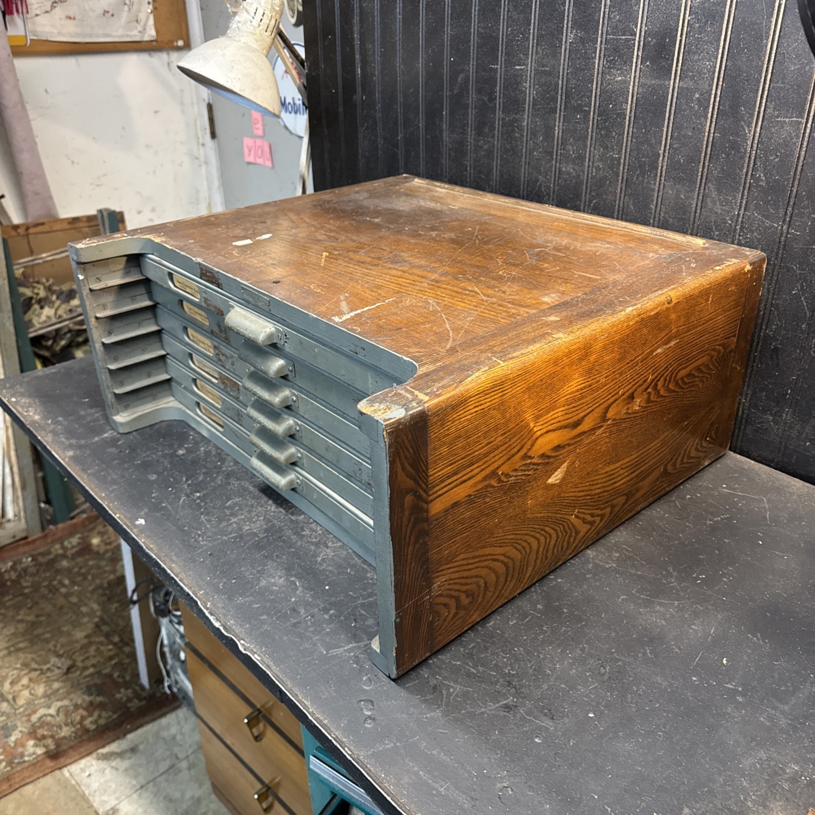 Industrial Oak Multigraph Printers Cabinet w/6 Drawers w/98 box Jewelry box Tool