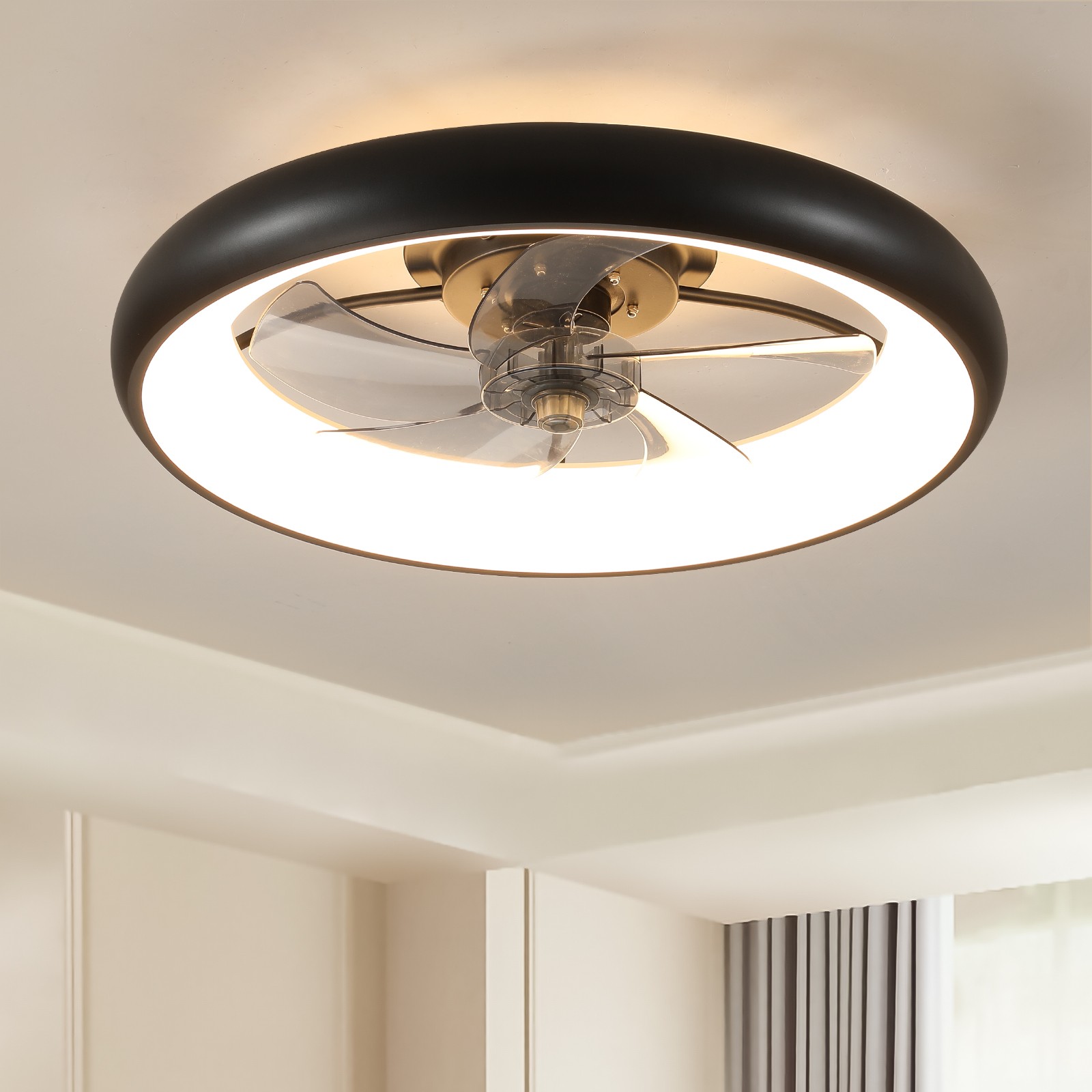 Black LED Modern 22 inch Ceiling Fan Light Flush Mount w APP Remote Control Kit