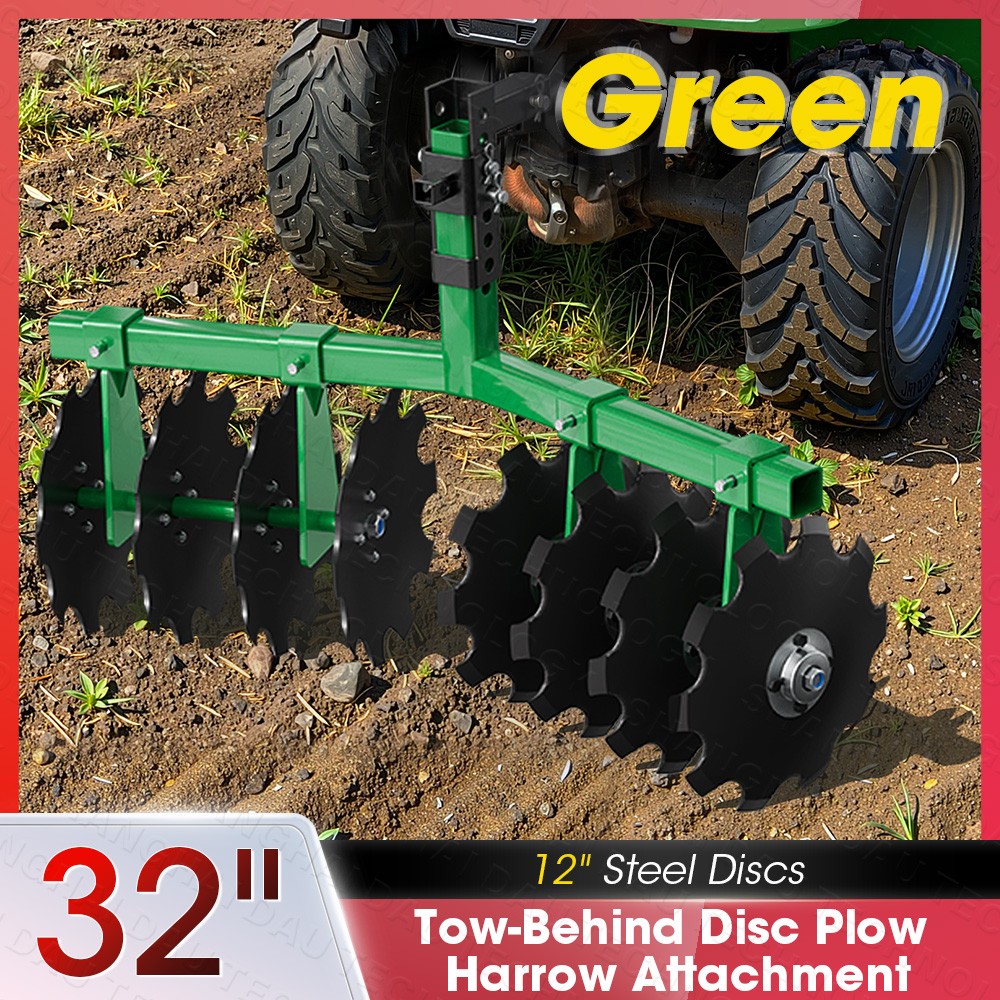 32" Tractor Disc Plow Harrow with 2" Receiver, Pull behind Tiller for ATV, Green