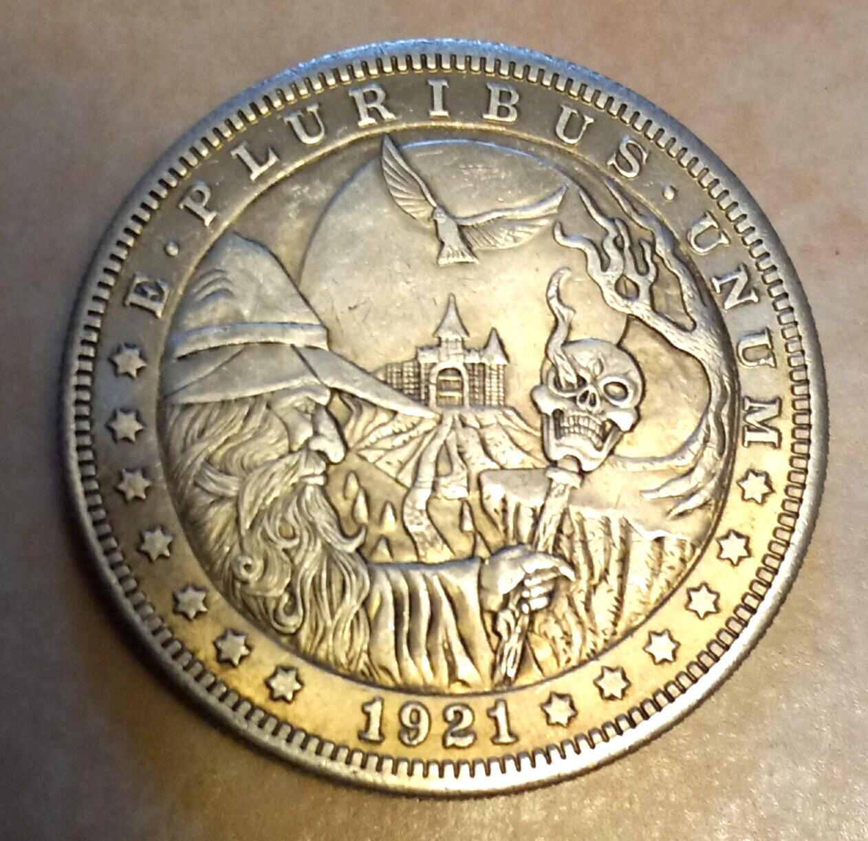 Creepy WIZARD With Skull & Castle  Coin Token Dollar size Nice details  Horror