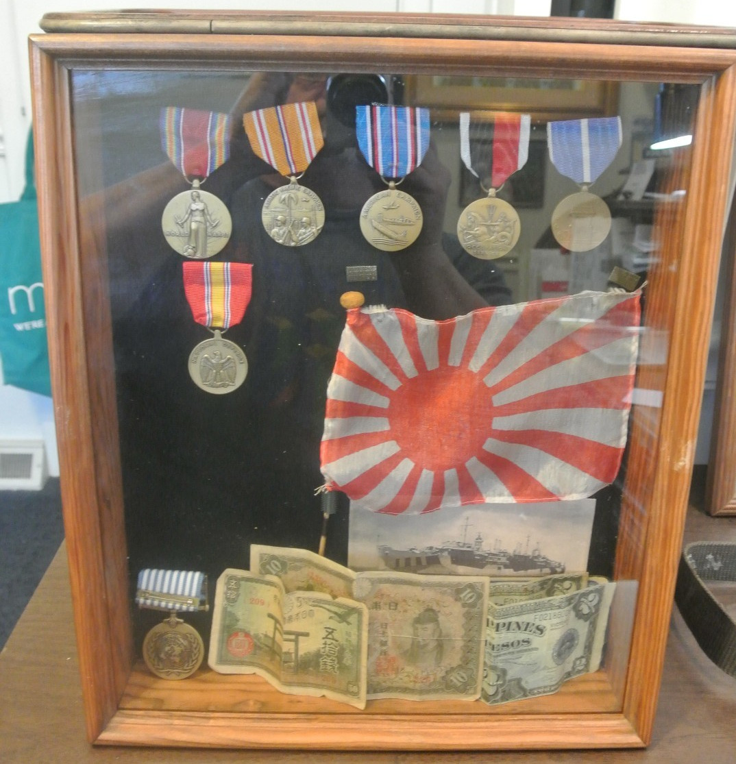 Vintage World War 2 Shadow Box US Navy Medals Ribbons Currency Flag USS Piedmont