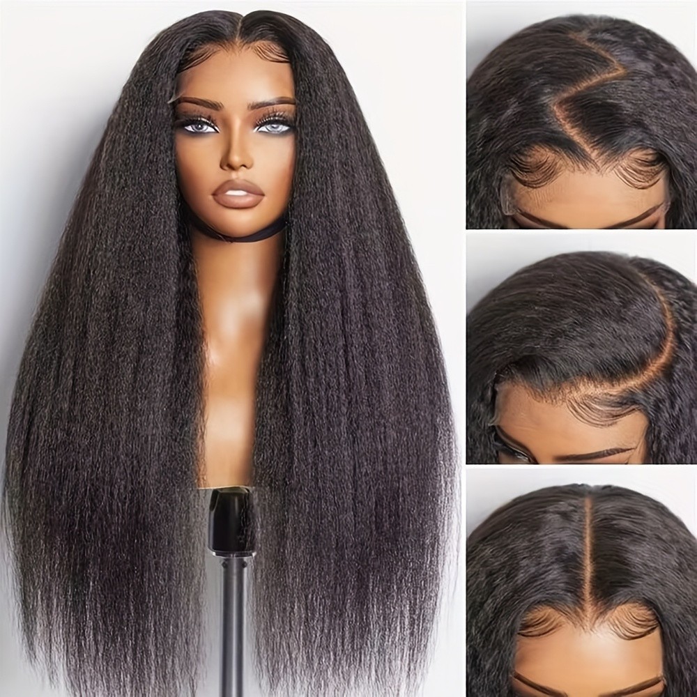 Long Natural Black Yaki Straight Lace Front Wigs Pre Plucked for Women Daily Use