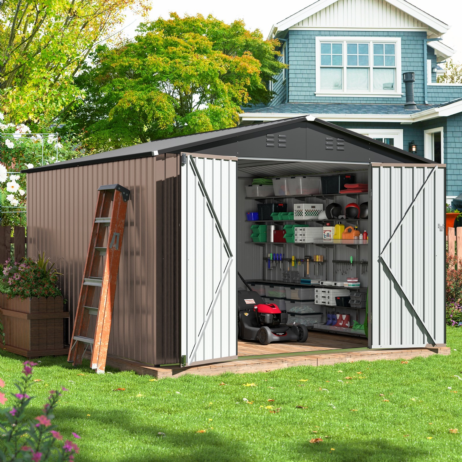 10 x 10 ft Metal Outdoor Storage Shed with Lockable Doors, Brown