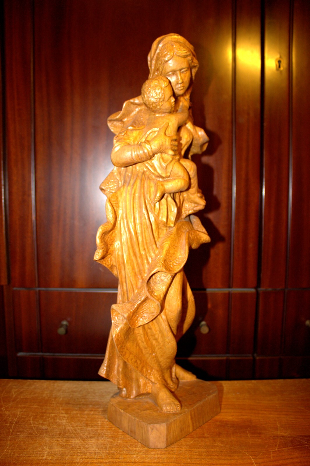 ANTIQUE 20" HAND CARVED WOOD CATHOLIC VIRGIN MARY OUR LADY JESUS STATUE FIGURE