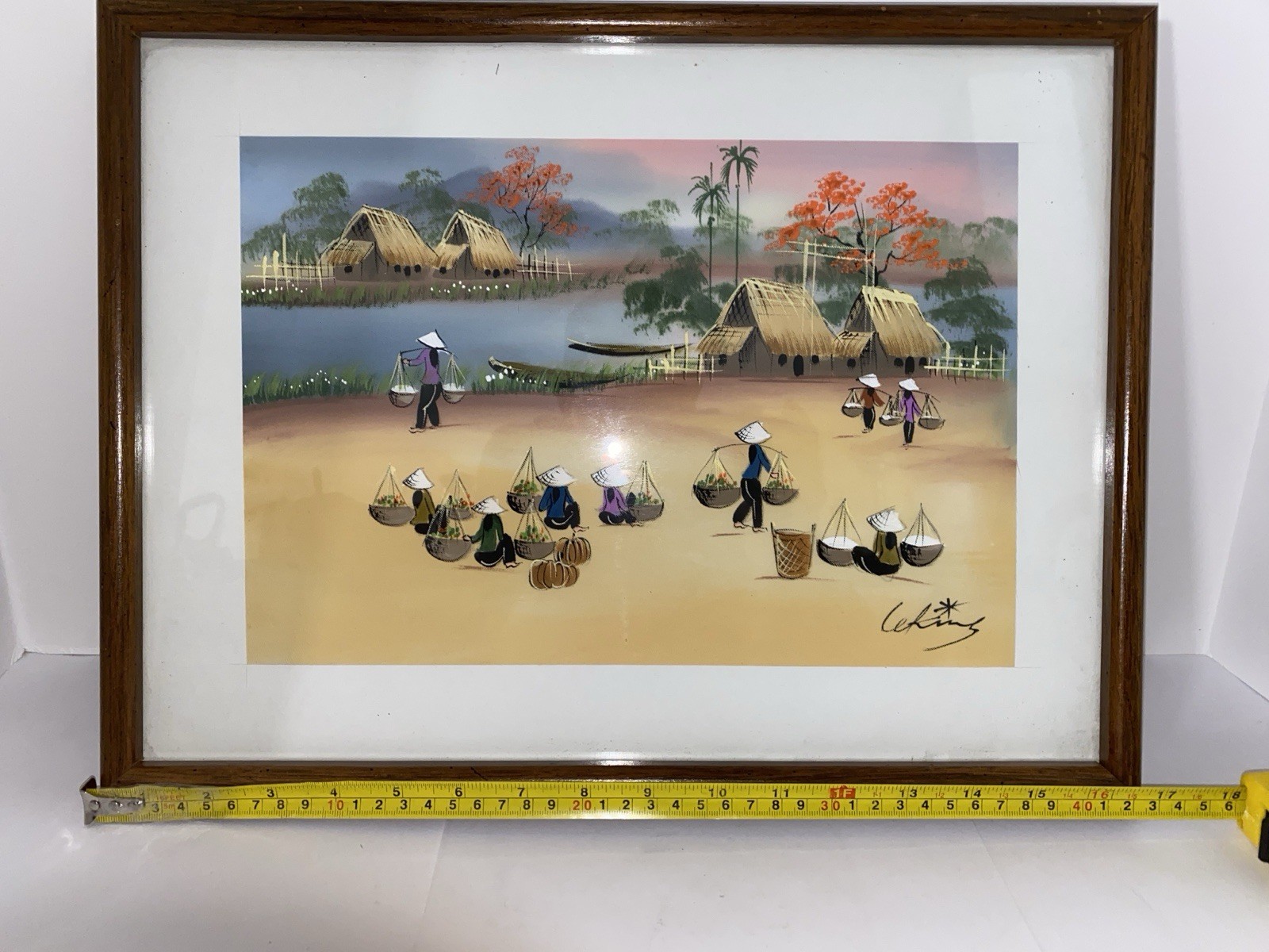 Framed Vietnamese Asian Art Silk Screening Water Colors Signed “Women Working”
