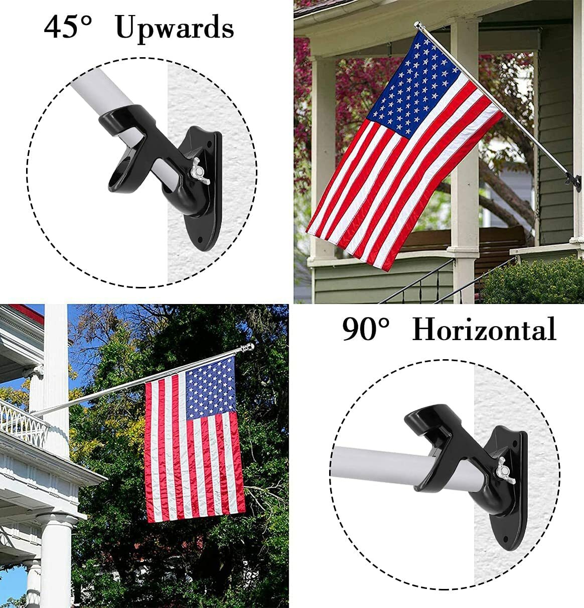 Two-Position Flag Pole Holder Heavy Duty Mounting Bracket with Hard wares Black