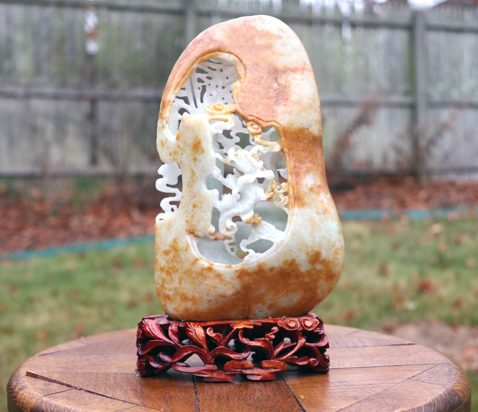 Jadeite Hand-Carved Boulder with Plants, Peacock Feathers & Vases Post-1950s