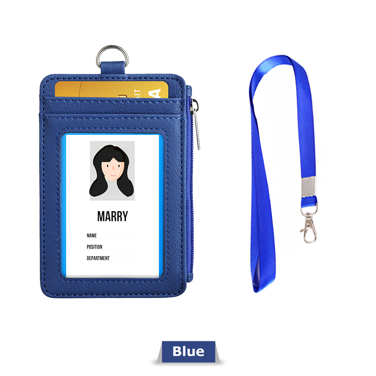 ID Badge Card Holder Synthetic Leather Vertical Clip Neck Strap Lanyard Case