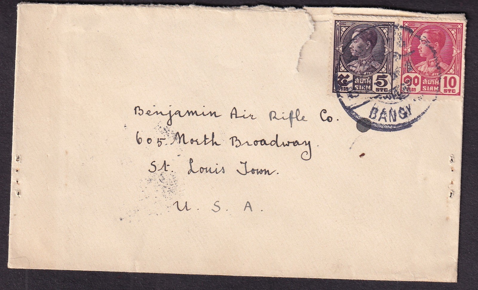Siam Thailand 1931 cover Bangkok to Benjamin Air Rifle Co St Louis MO