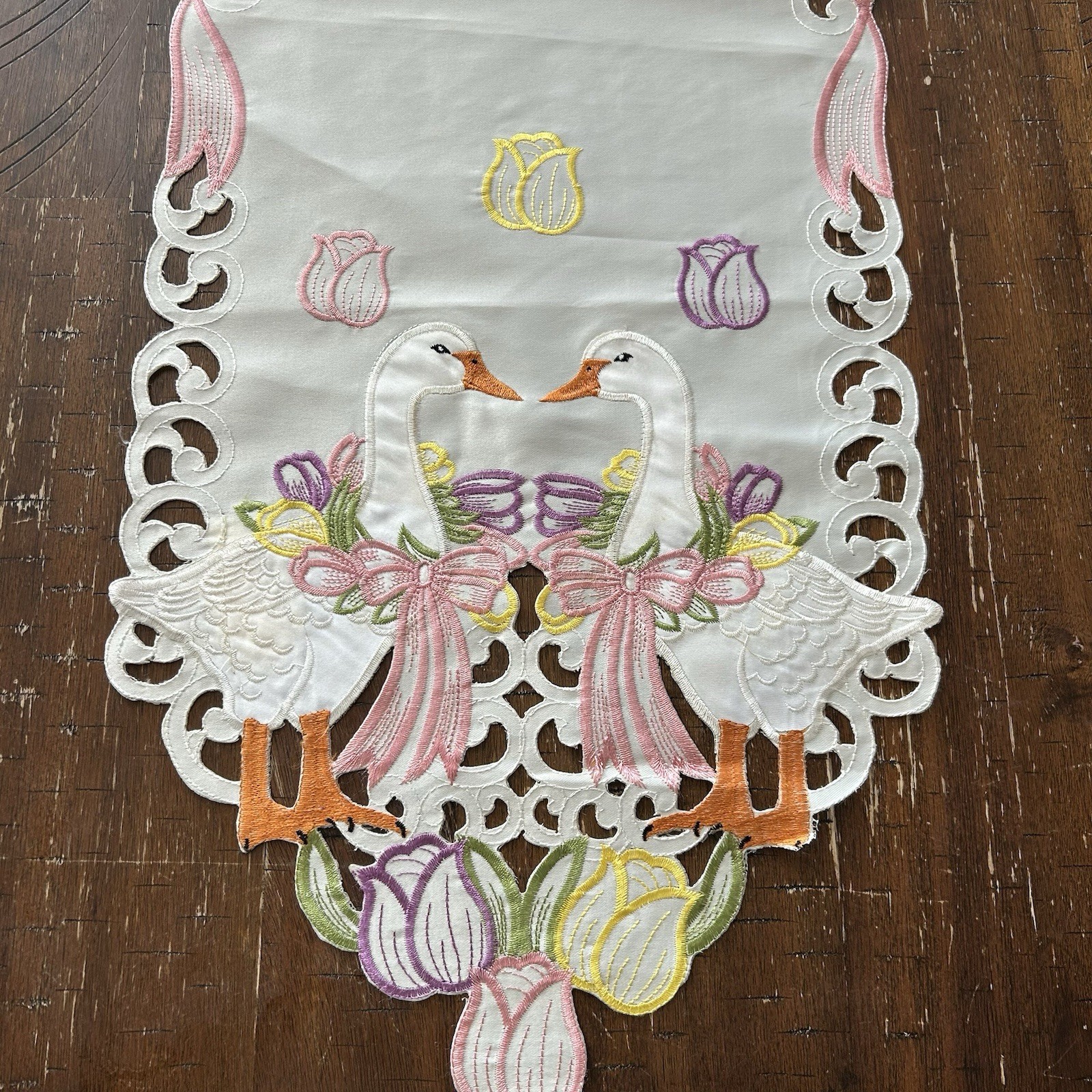 Spring Table Runner 68” Geese Embroidered Tulips Outwork Pink Bows