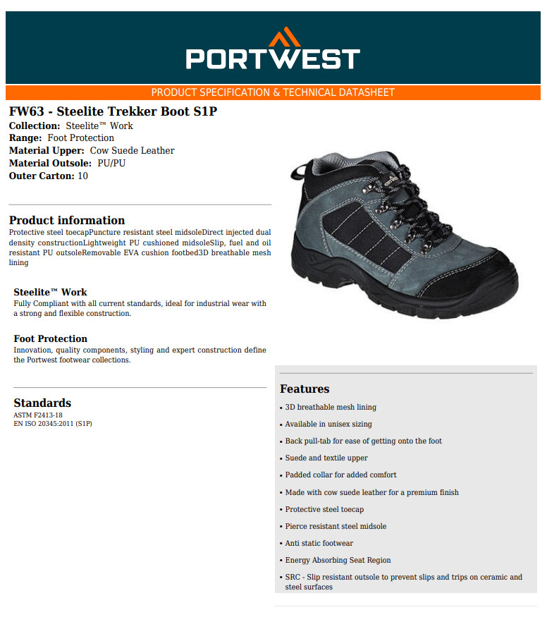 Portwest FW63 Steelite Trekker Cow's Leather Slip Resistant Outsole Work Shoes