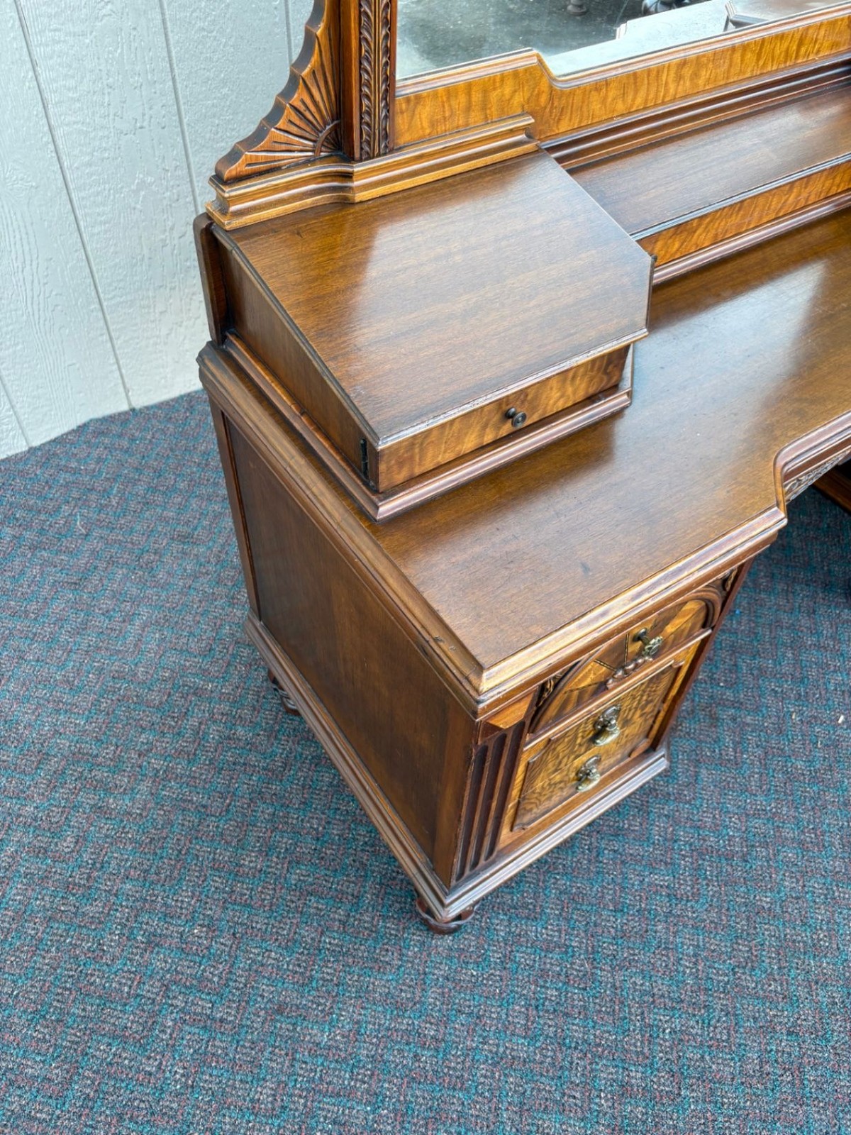 67476 Antique Walnut Vanity with Mirror, Ornate Carving and Drawers
