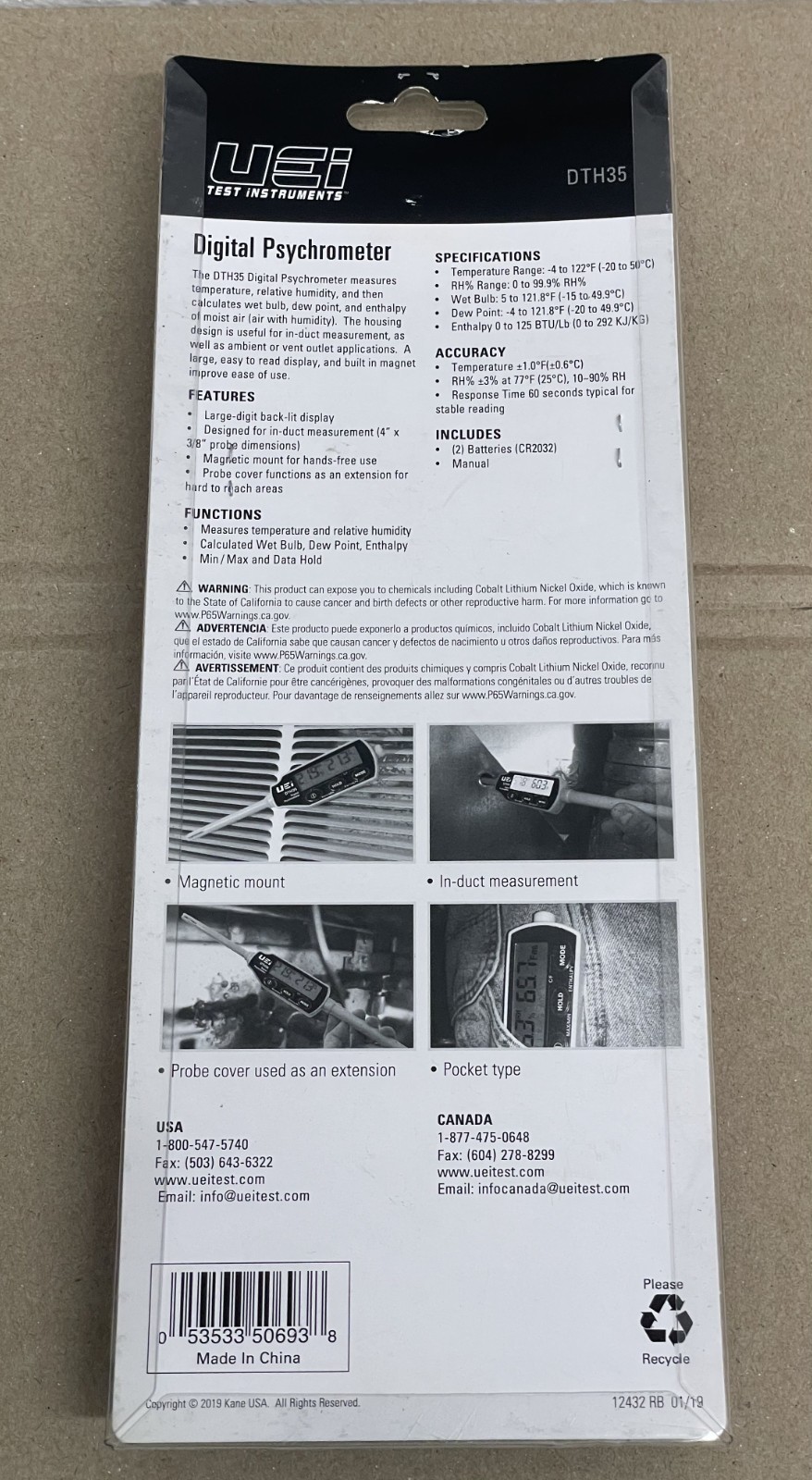 UEI TEST INSTRUMENTS DTH35 TEMPERATURE/HUMIDITY DIGITAL PSYCHROMETER Sealed