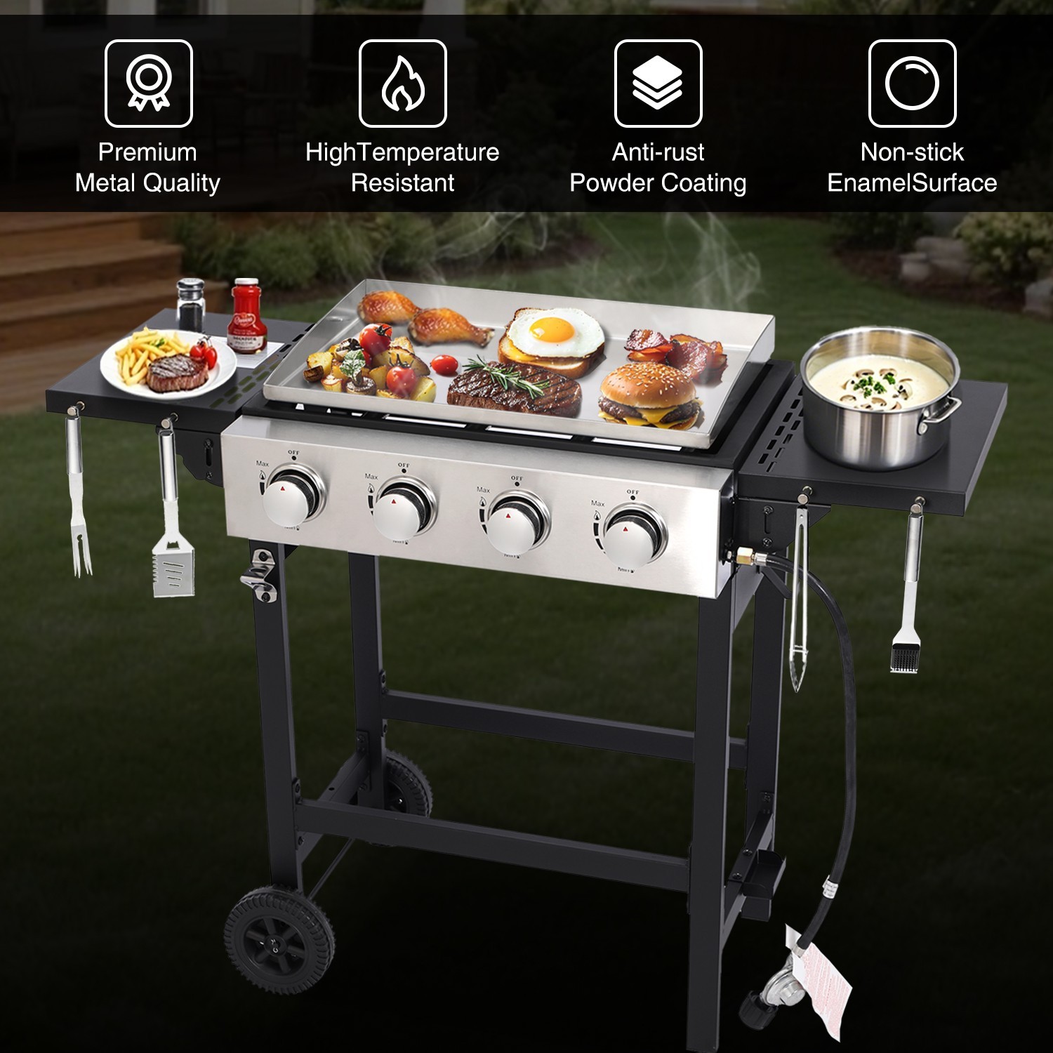 Propane Gas Griddle 4-Burner Flat Top Grill Griddle with Wheel Cover for Outdoor
