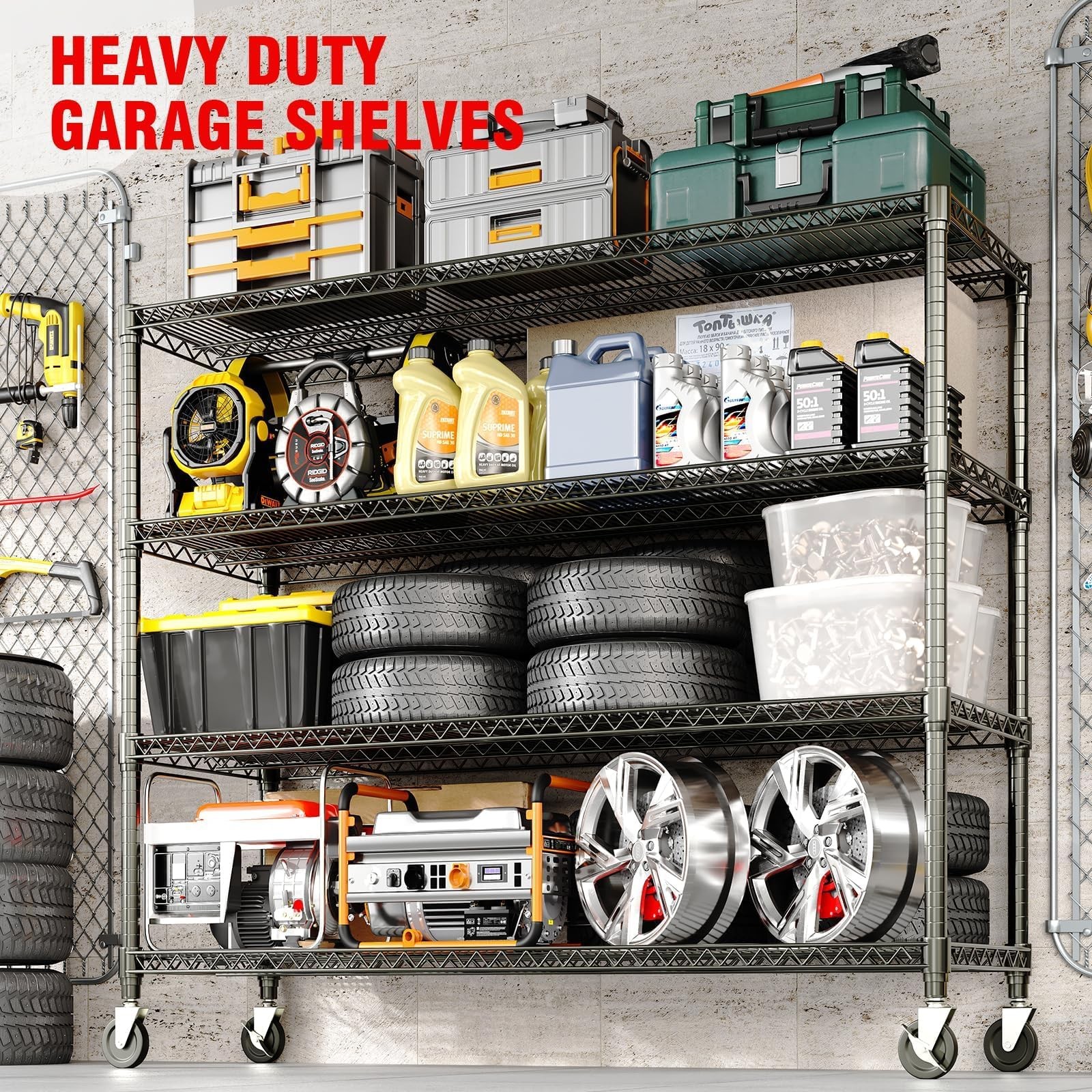 Heavy Duty 4-Tier Metal Shelves on Wheels, 2640LBS Storage Rack, 71.8"H x 59"W