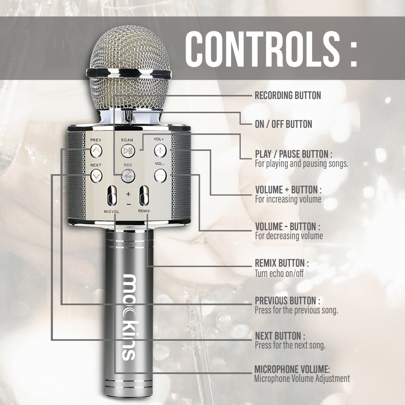 Mockins 2 Pack Silver Wireless Bluetooth KARAOKE MICROPHONE Holiday Gift, kids