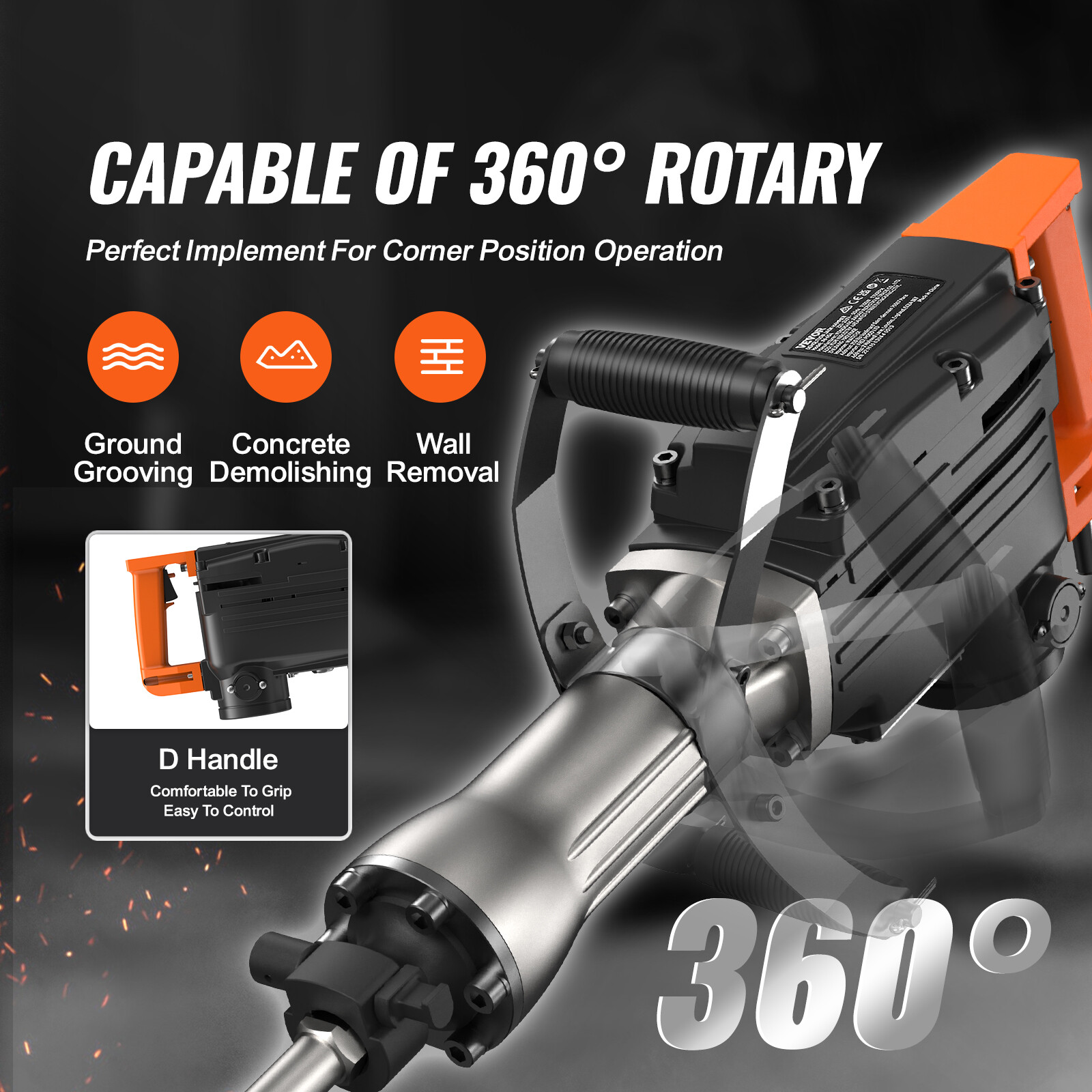 VEVOR Demolition Jack Hammer Concrete Breaker 2200W Hammer 6 Chisel Bits Black