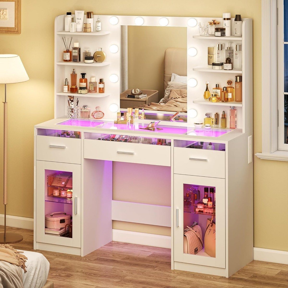 Makeup Vanity Desk With Mirror And Lights 3 Colors Transparent Top RGB Drawers