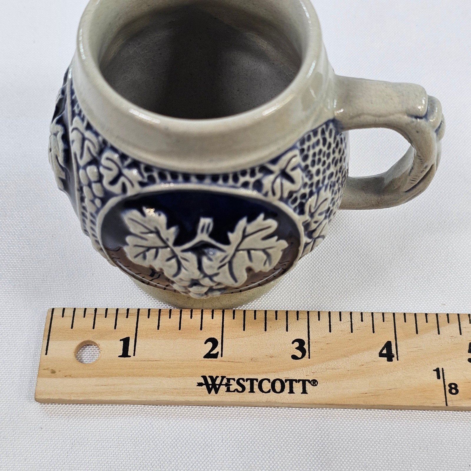 King German Salt Glaze Stoneware Beer Stein Mug Grape Relief Cobalt Blue 4in