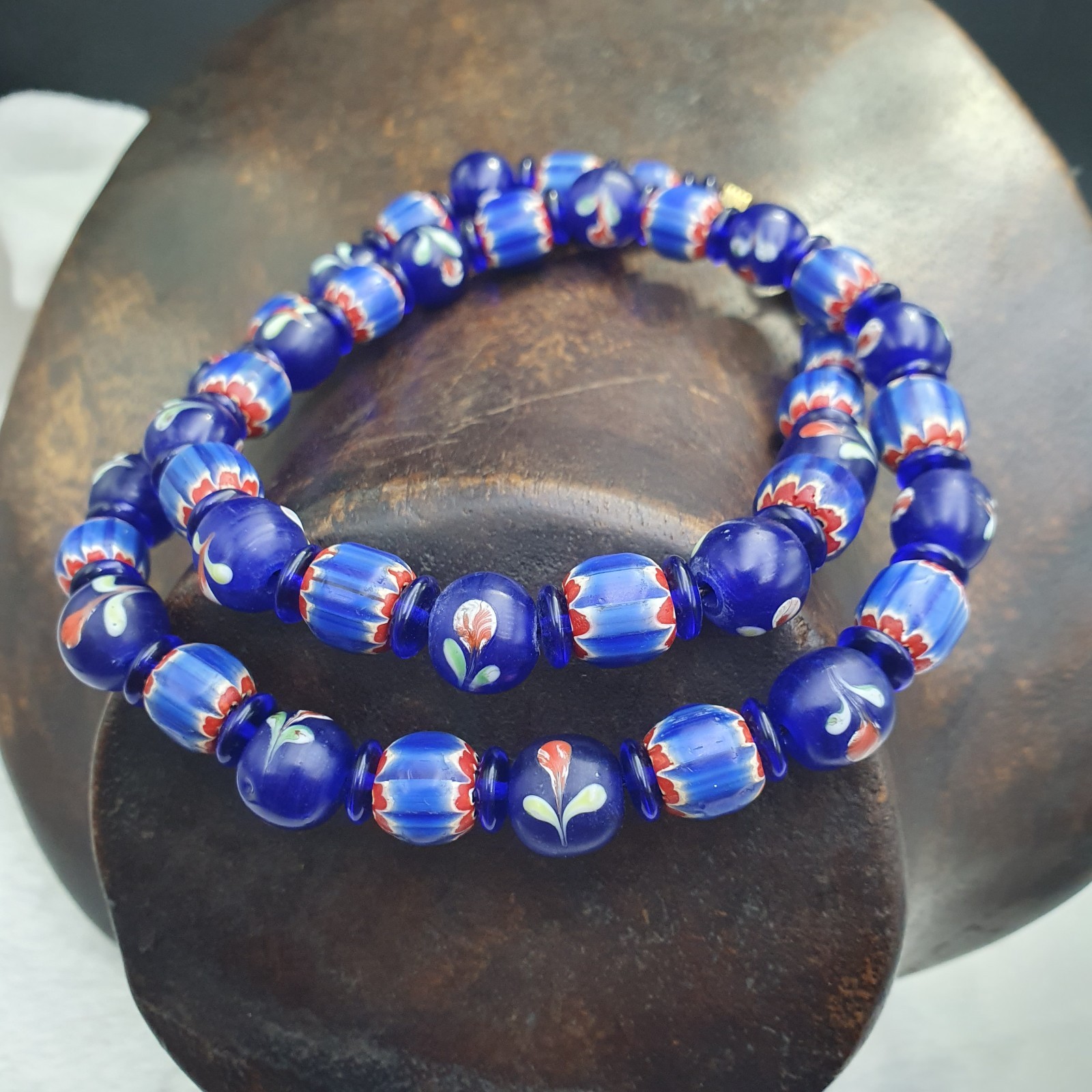 Vintage Venetian Cobalt Blue Floral & Striped Murano Style Beaded Necklace