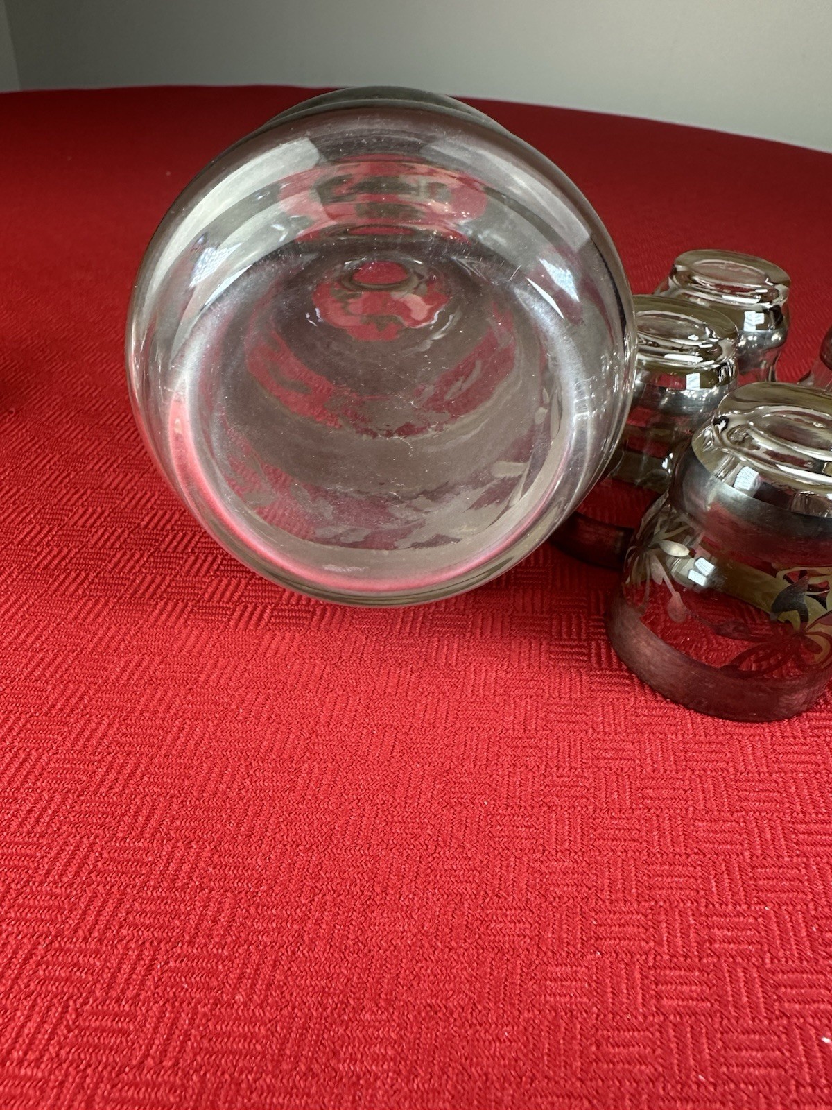 Antique 8 Piece Sterling Silver Overlay Decanter Set Art Deco Liquor Hand Blown