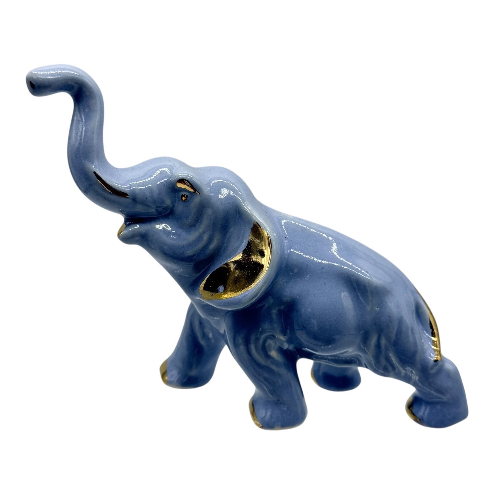 Elephant Figurine Blue Ceramic Gold Accents Trunk Up Good Luck Vintage Decor