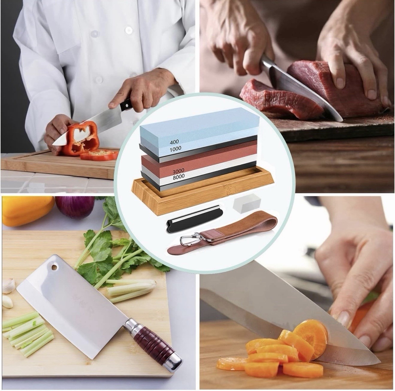 Knife Sharpening Stone Set, Professional 4 Side Grit 400/1000 3000/8000 Premi