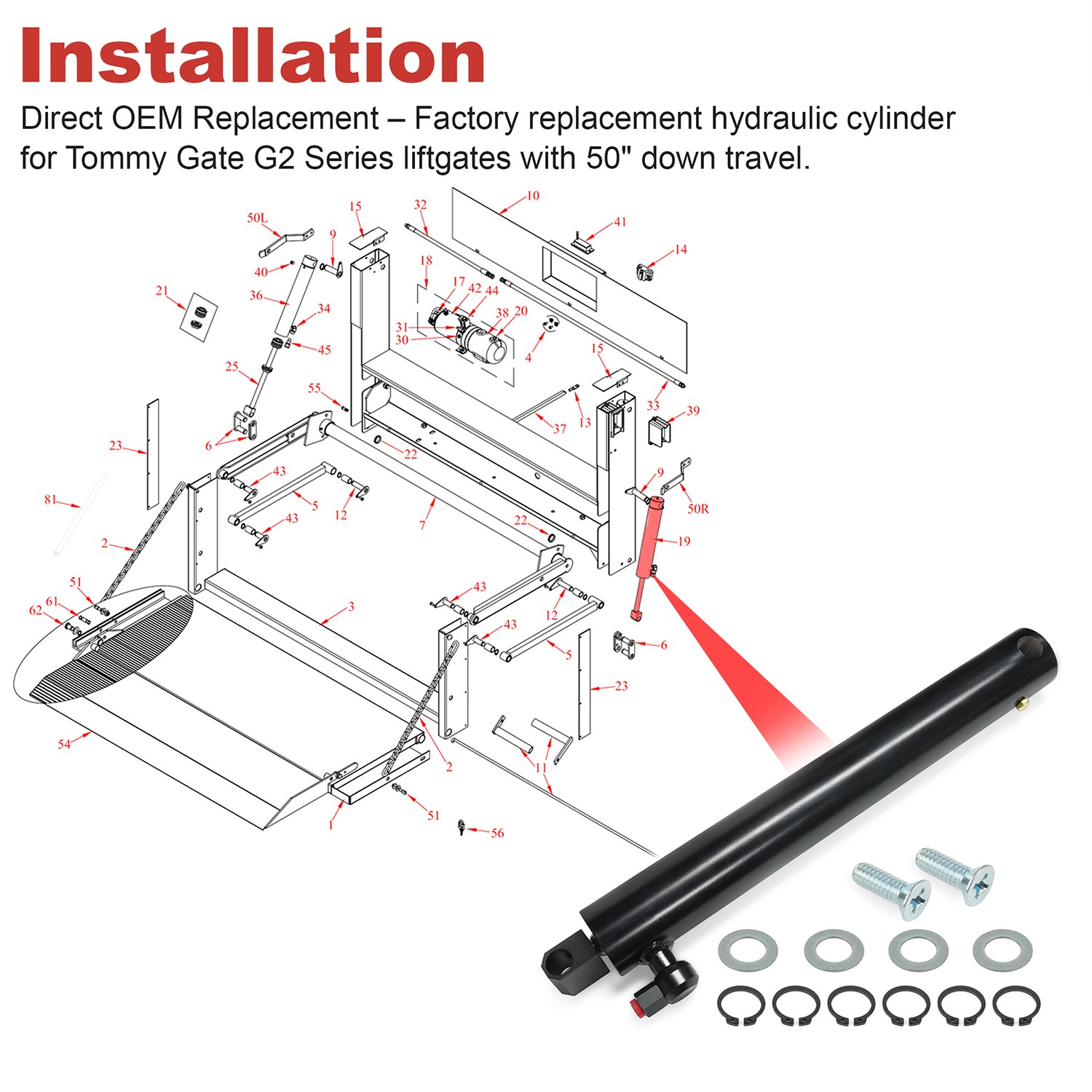 Replacement Hydraulic Cylinder 002559 for Tommy Gate G2 Series 1650 2050 Models