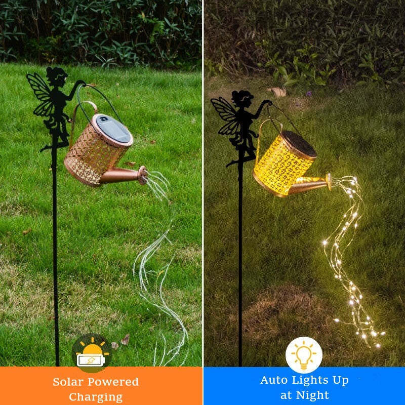 LED Solar Watering Can Lights Waterproof Garden Deco Metal Outdoor Light