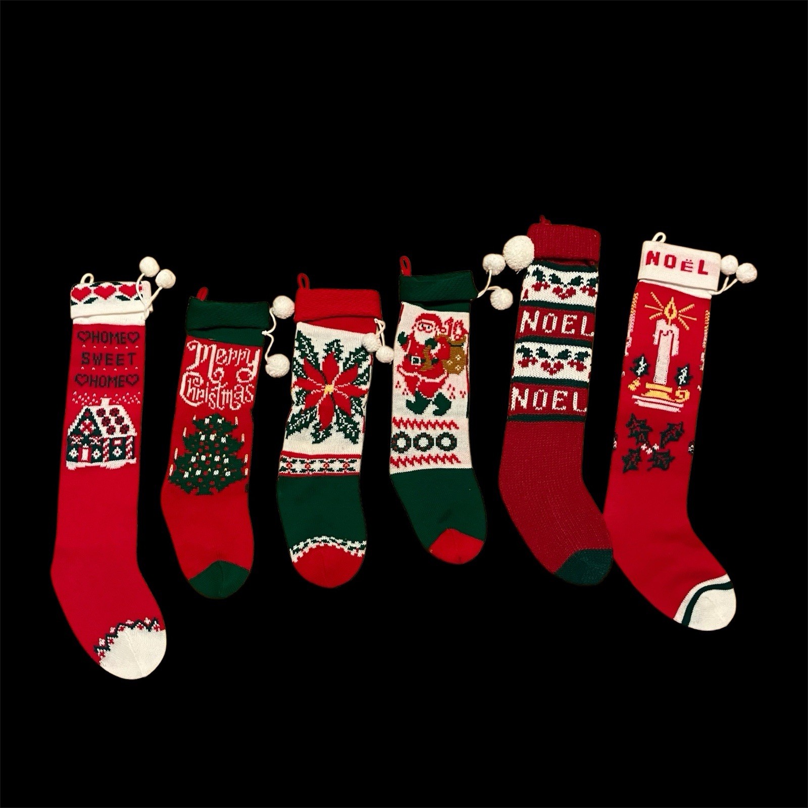 Vintage Christmas Stocking Lot Knit Red Green Santa Noel Poinsettia Tree Candle